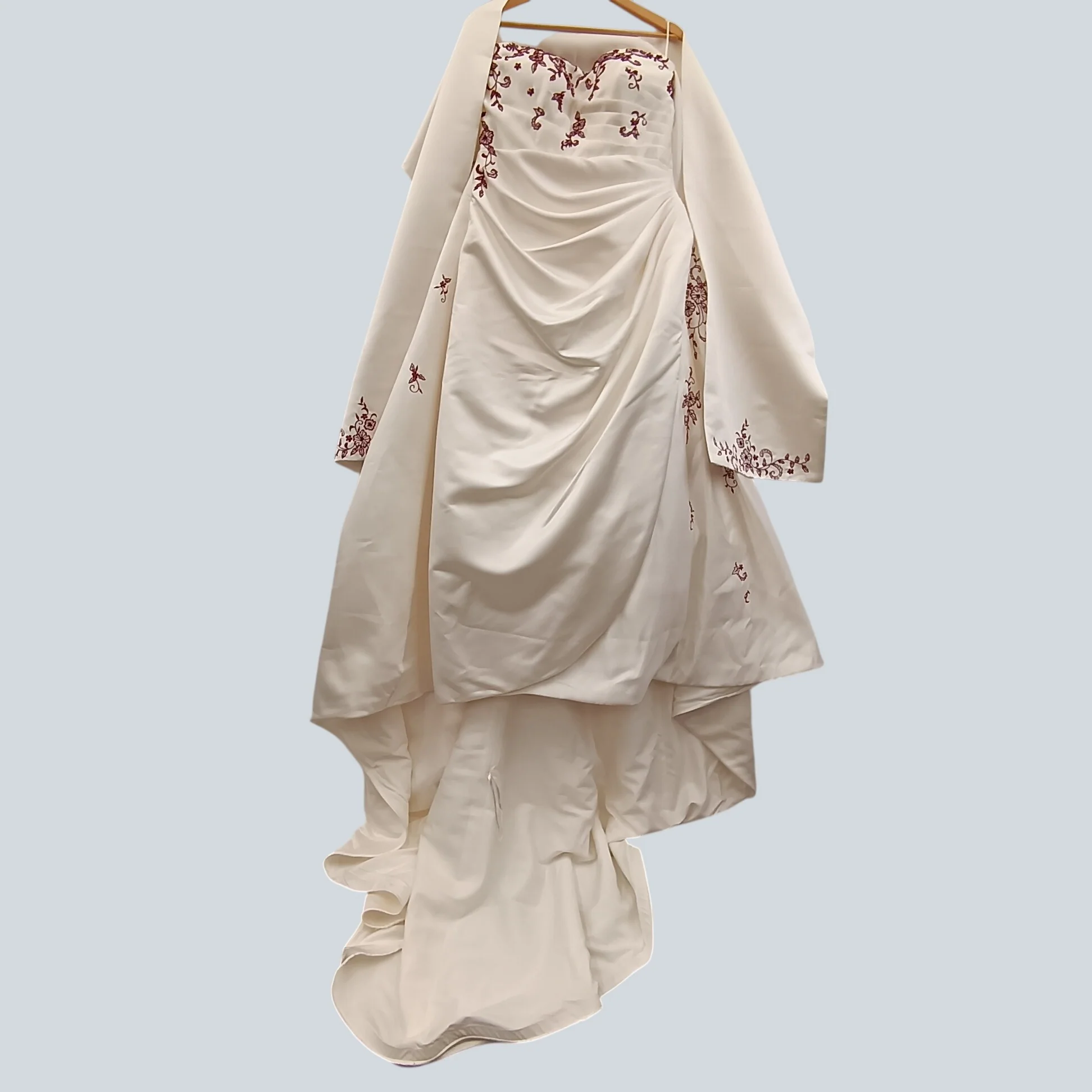 A&T by Lotus Orient Cop Hi-low White Wedding Dress Red Embroidered With Matching Shawl and Bag UK L - Womenswear | Pre-loved