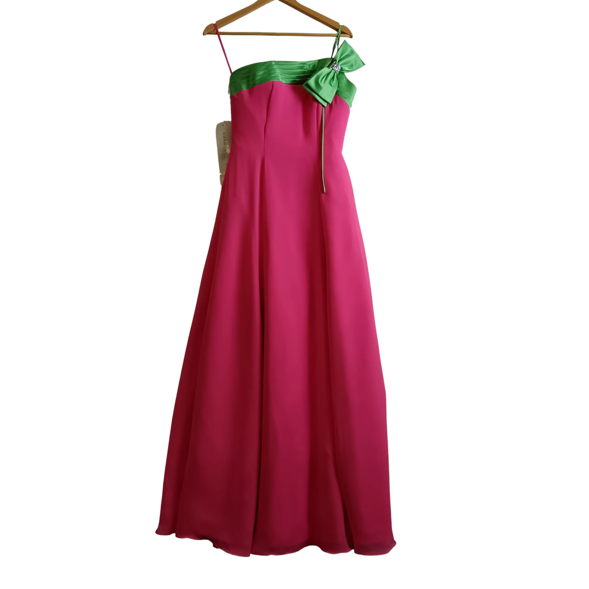 Amanda Wyatt Vivid Pink Green Satin Trim Full Length Women's Dress UK 8 -Tags On - Womenswear | Pre-loved