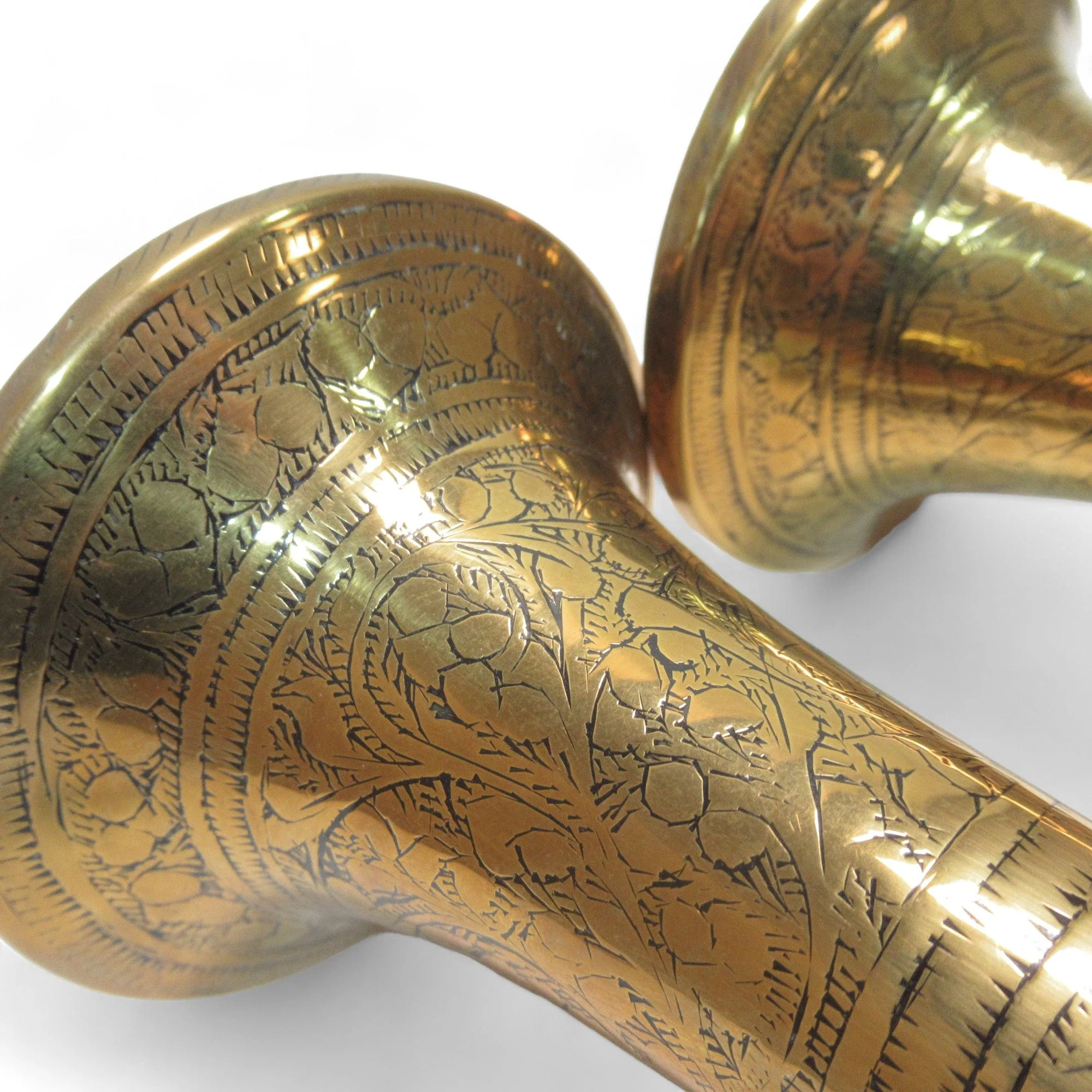 Brass Engraved Trumpet Vase Set Vintage 18cm Tall | Preloved - Image 6