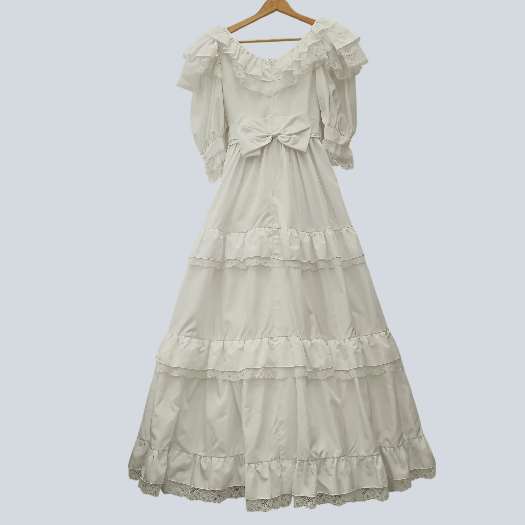 Columbine Nemours Vintage Style Wedding White Satin Dress Tiered Half Sleeve UK S Womenswear | Pre-loved - Image 2