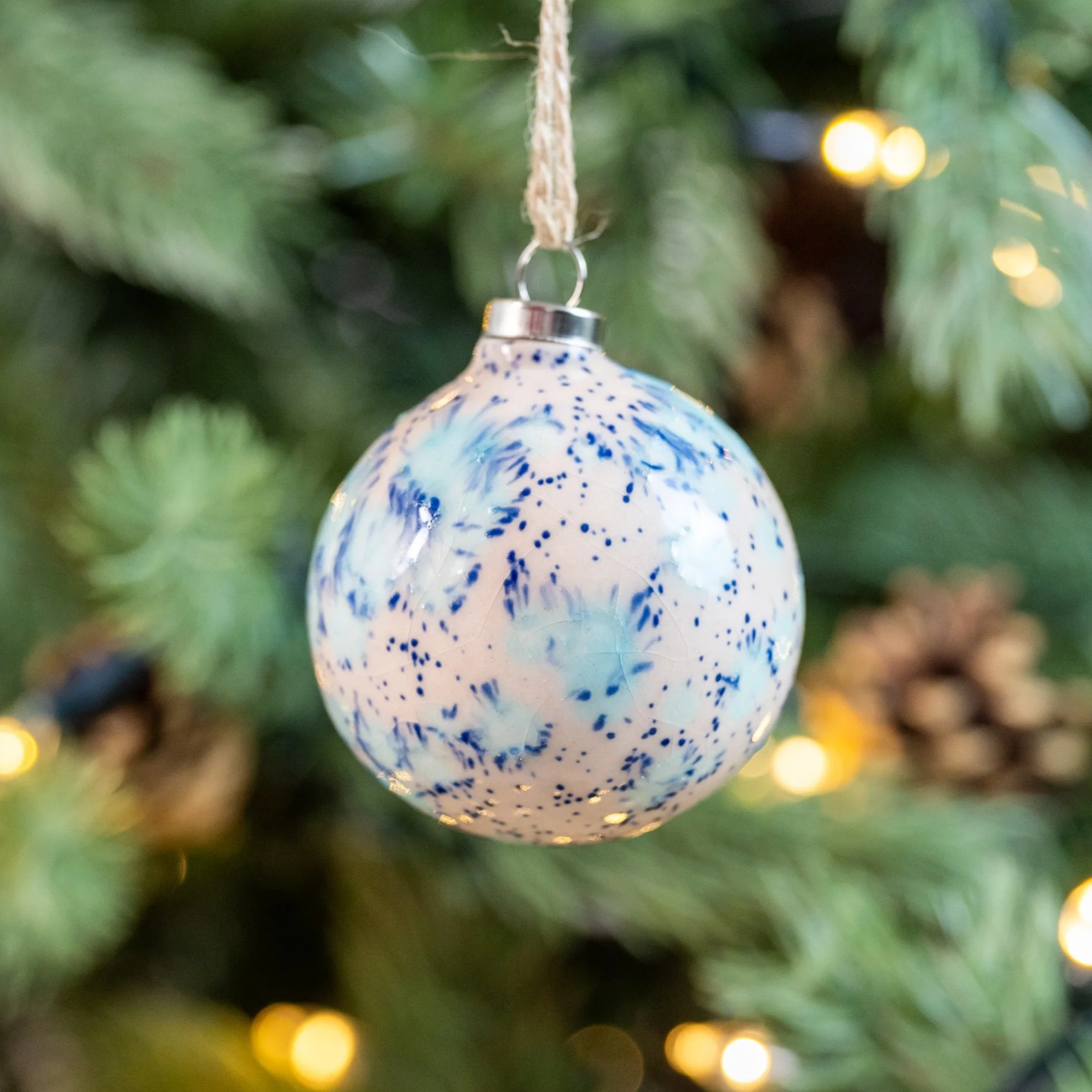 Blue & Cream Hand-Painted Ceramic Bauble | Round Shape - Image 5