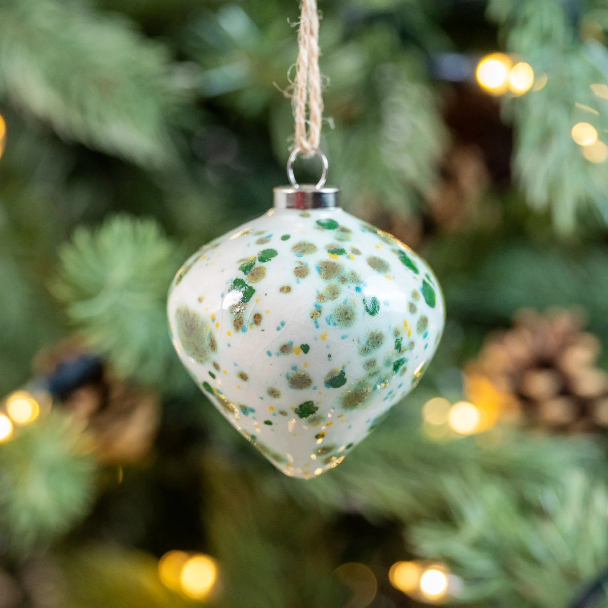 Green Hand-Painted Ceramic Bauble | Diamond Shape - Image 4