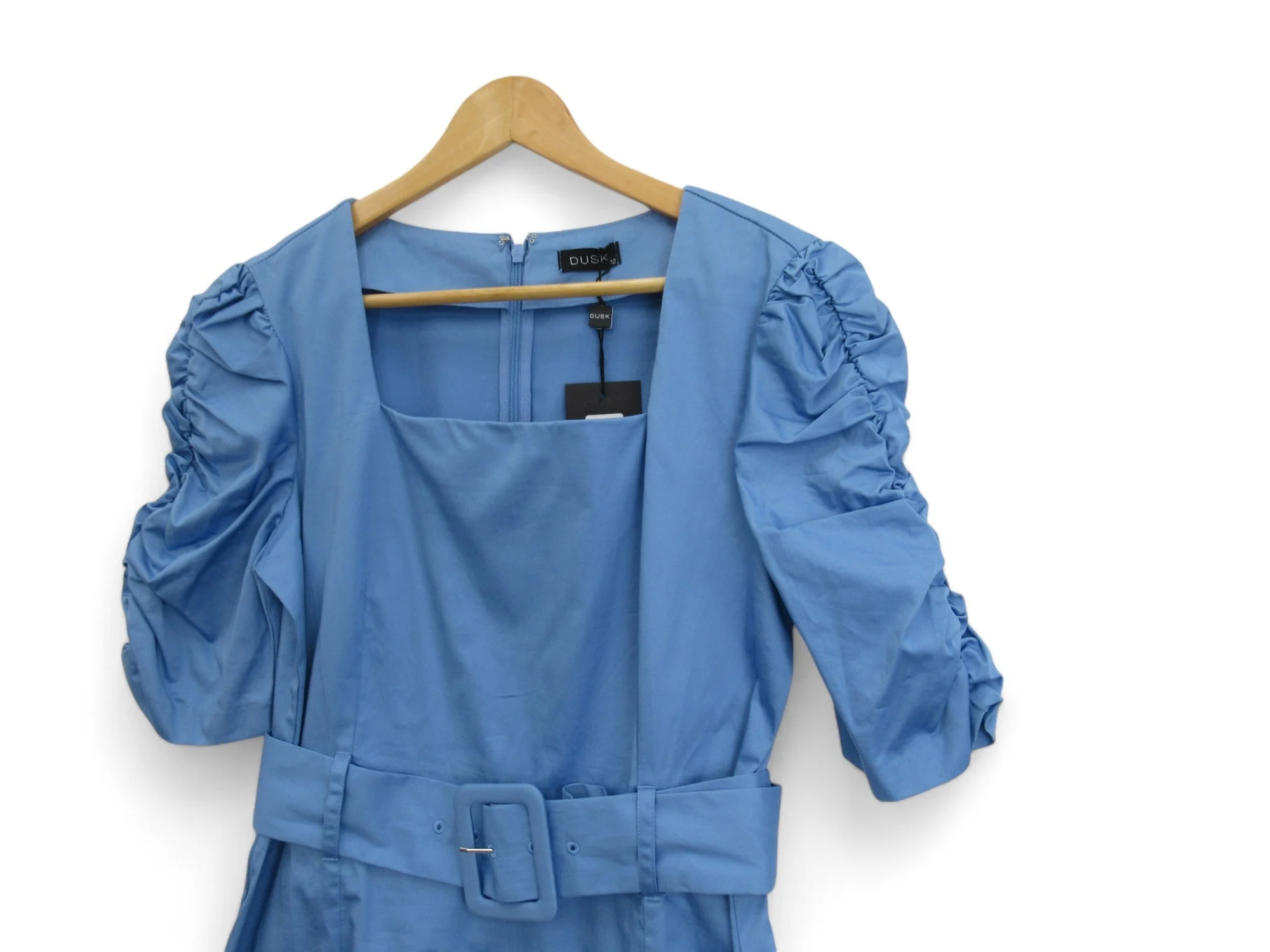 Dusk UK 12 Blue Puff Sleeve Belted Dress Womenswear | Preloved - Image 2