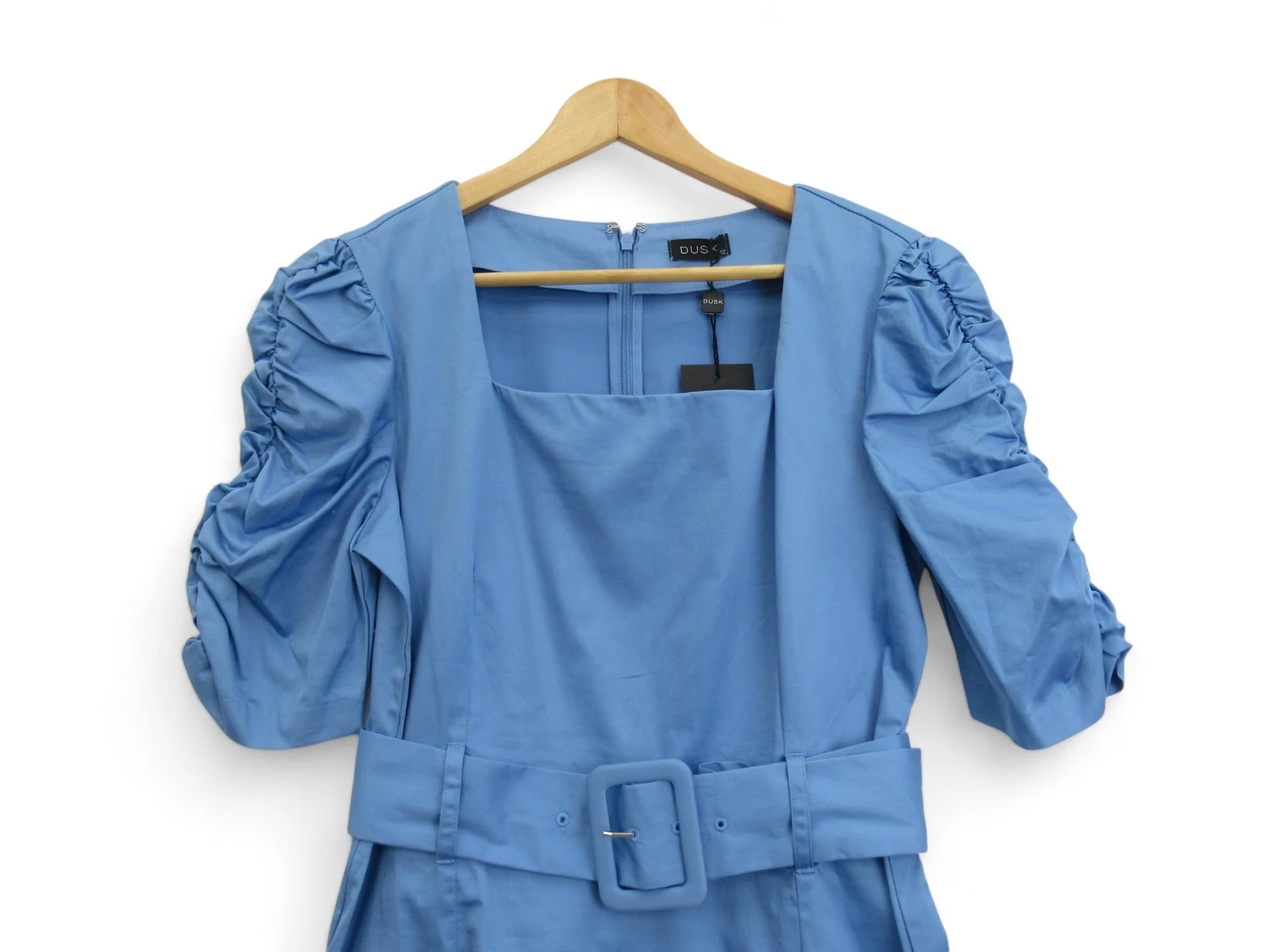 Dusk UK 12 Blue Puff Sleeve Belted Dress Womenswear | Preloved - Image 3