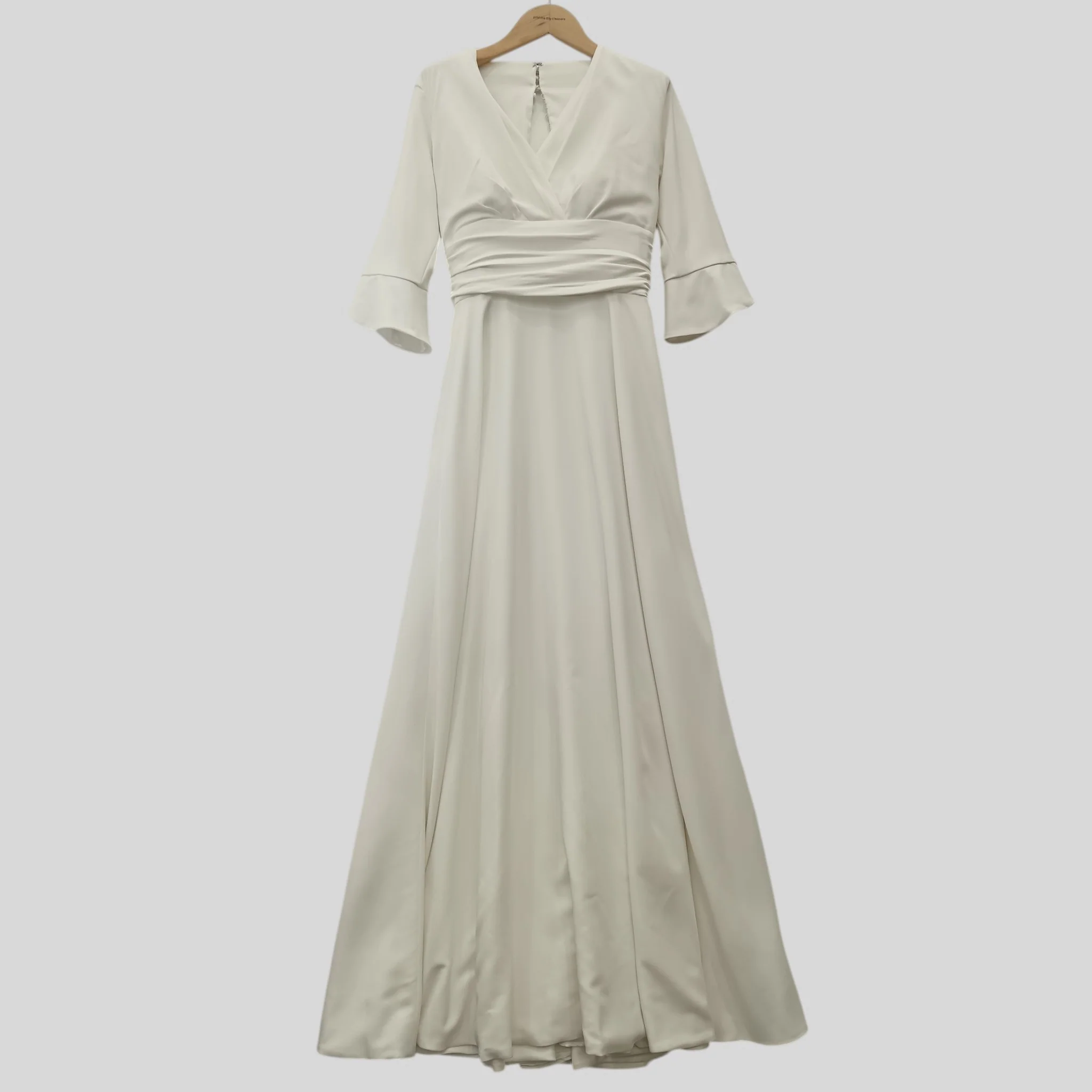 Freda Bennet White Bridal V-neck Draped Waist Full Length 3/4 Sleeve UK M -