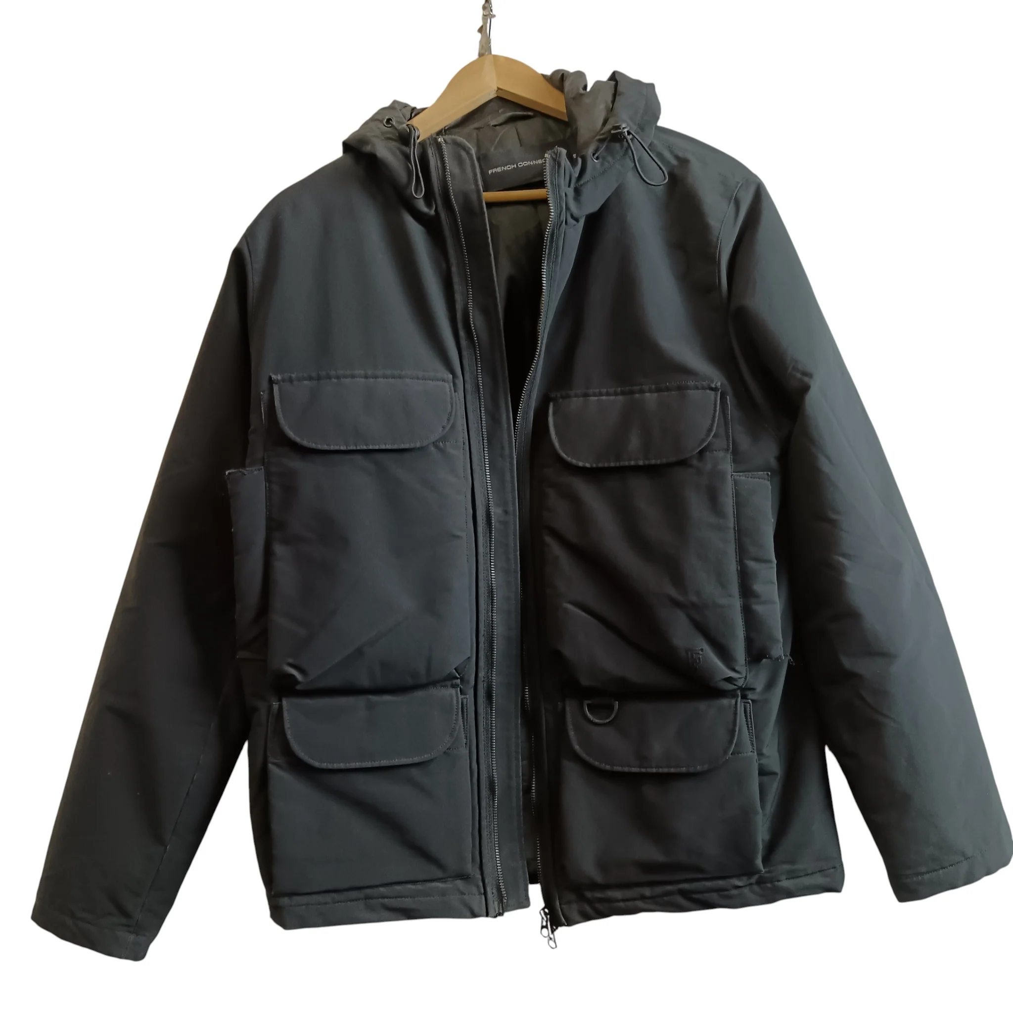 French Connection Men's Black Hooded Coat UK Small - Menswear | Pre-loved