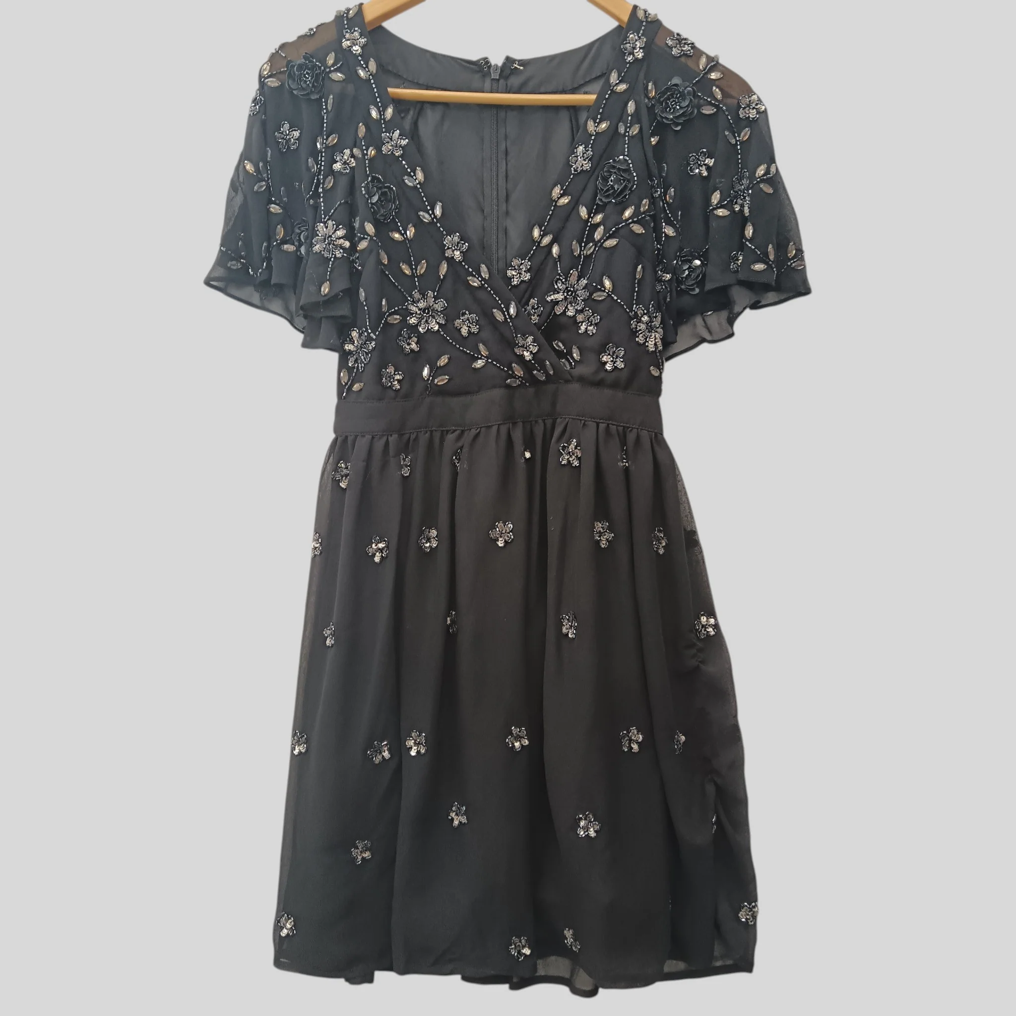 Froch and Frill Black Embellished Ladies Special Occasion Knee Length Dress Short Angel Sleeve UK 6 Womenswear | Pre-loved