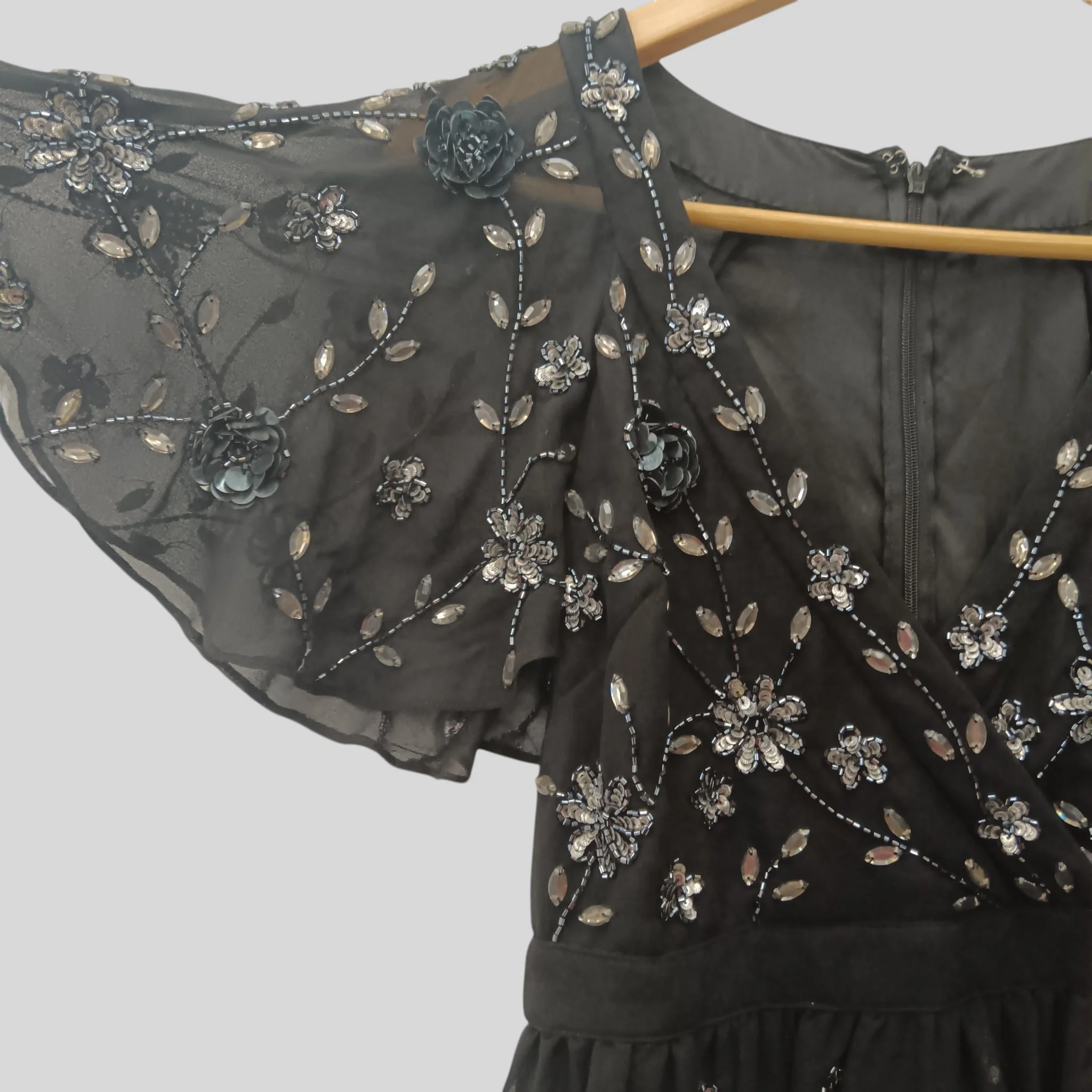 Froch and Frill Black Embellished Ladies Special Occasion Knee Length Dress Short Angel Sleeve UK 6 Womenswear | Pre-loved - Image 3