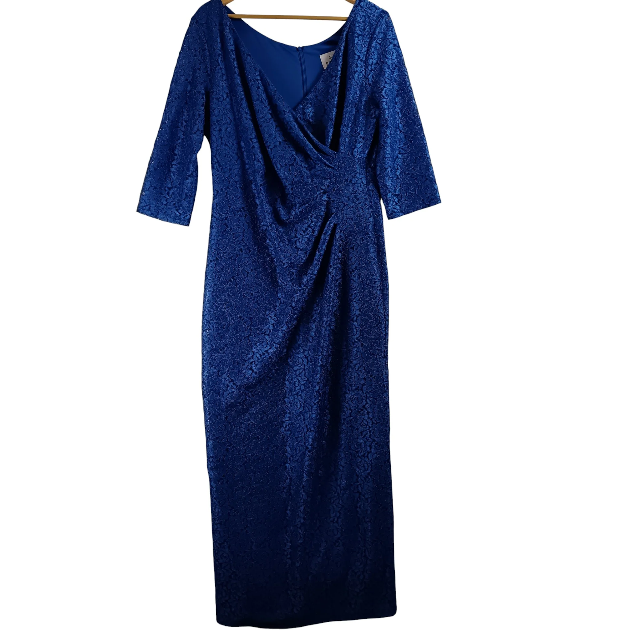 Gina Bacconi Royal Blue Lace Full Length V-Neck Draped Sleeved Dress UK 18 - Tags On Womenswear | Pre-loved