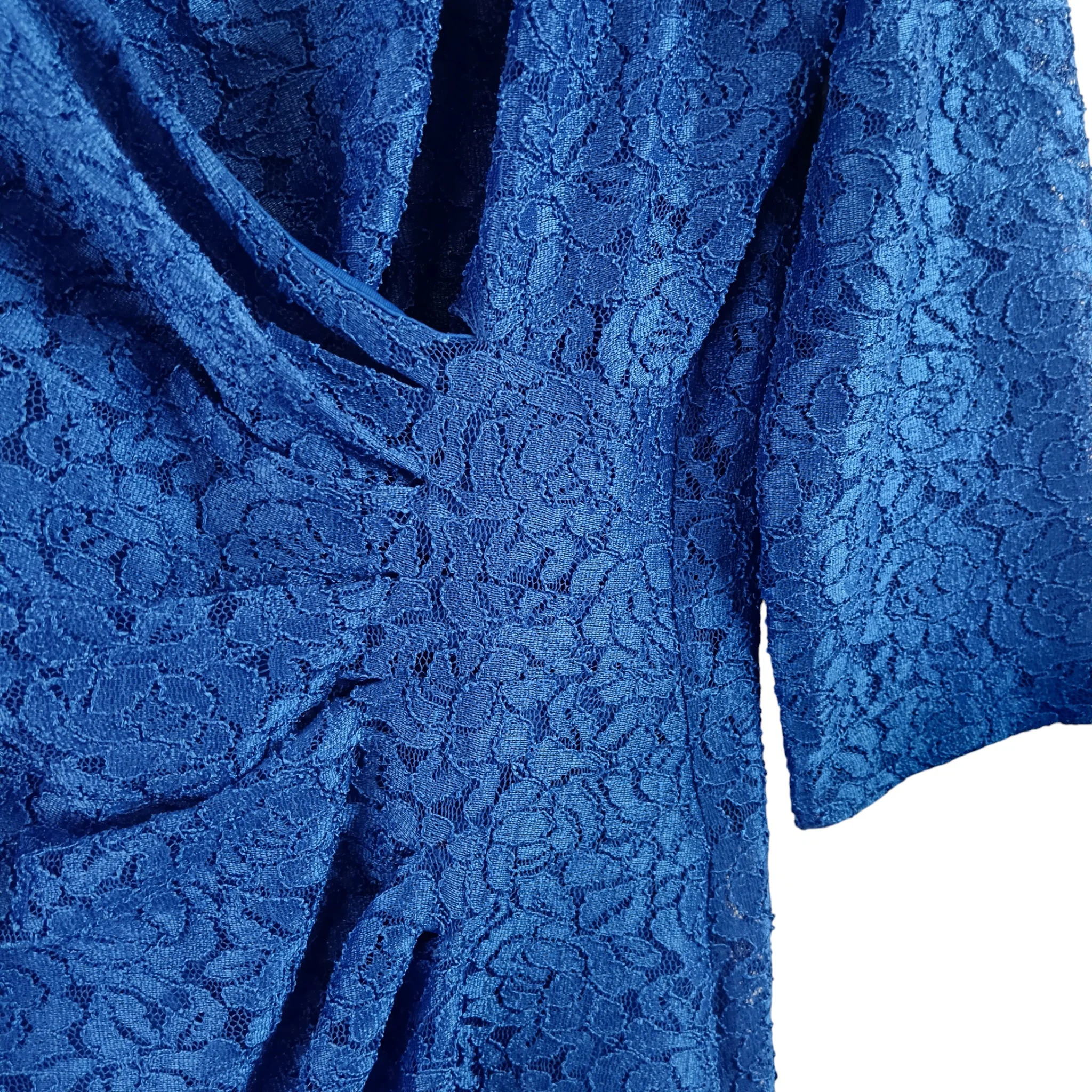 Gina Bacconi Royal Blue Lace Full Length V-Neck Draped Sleeved Dress UK 18 - Tags On Womenswear | Pre-loved - Image 3