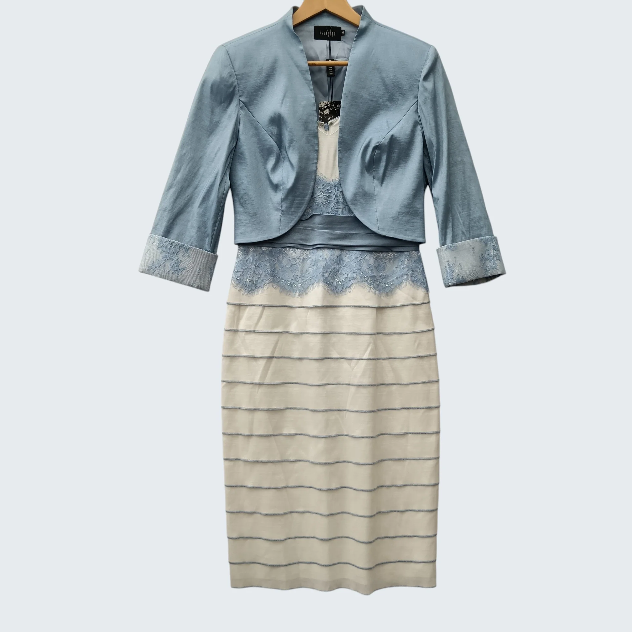 Ispirato Mother Of Bride Outfit Cream / Sky Blue Lace Details Dress With Matching Jacket  UK 10 -Tags On - Womenswear | Pre-loved