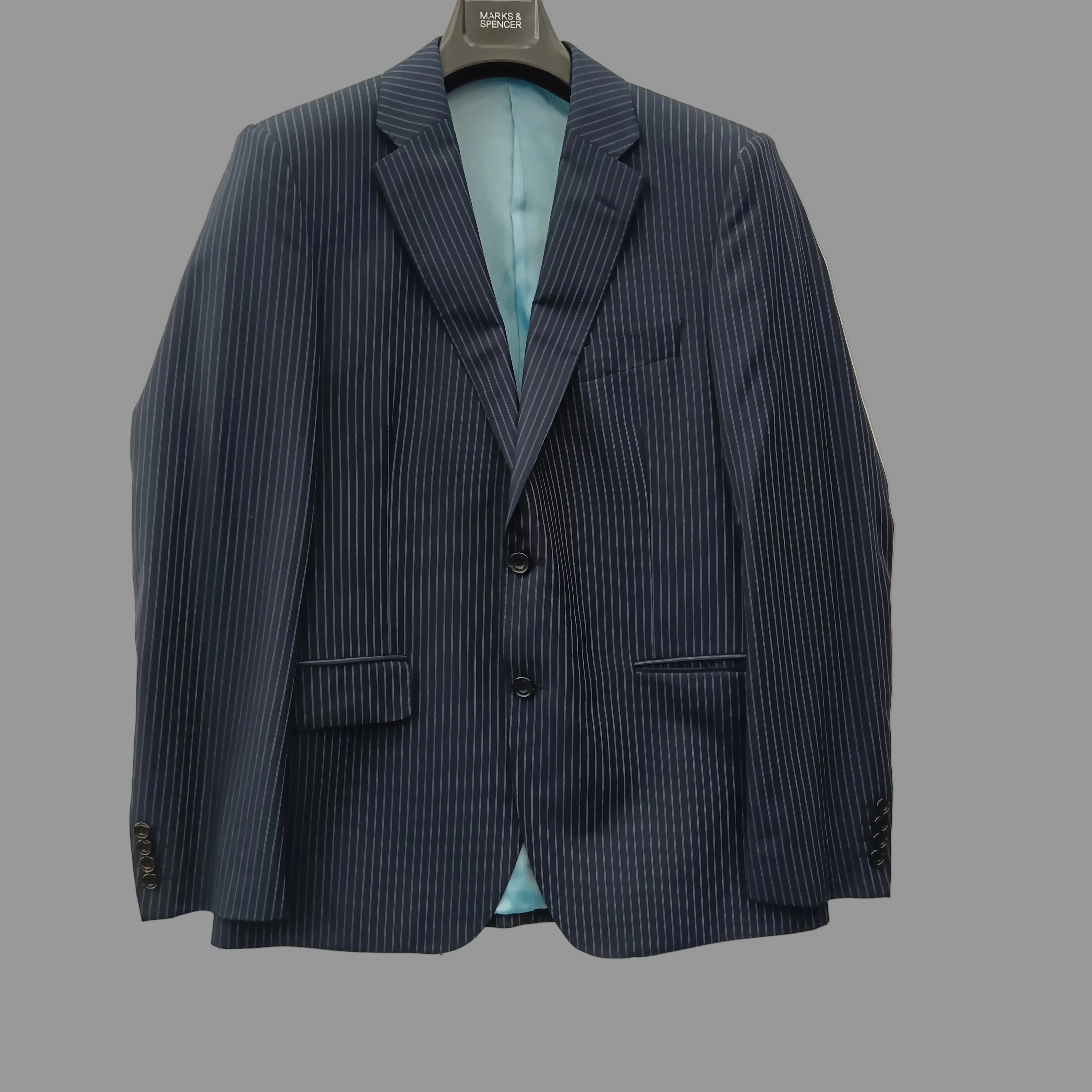 M&S Alfred Brown Fine Worsted Navy Blue  Striped Men's Jacket UK 40" Medium Menswear | Pre-loved