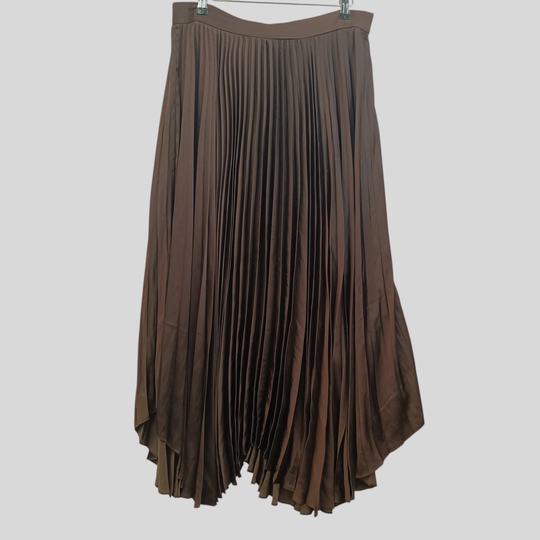 Massimo Dutti Dark Brown Satin Ladies Pleated Midi Skirt UK L - Womenswear | Pre-loved