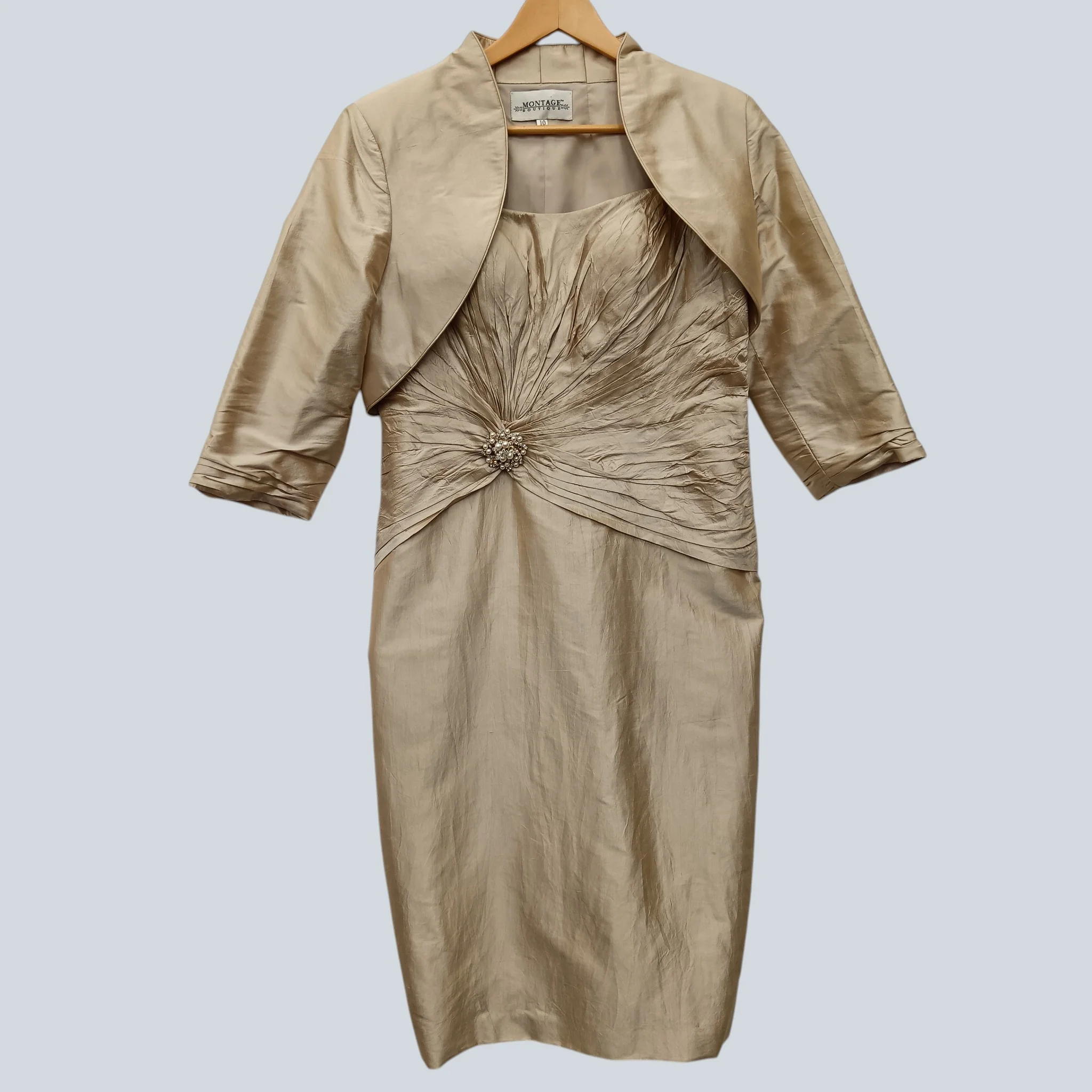 Montague Boutique Gold Mother of Bride Outfit Dress With Matching Bolero UK 10 - Womenswear | Pre-loved