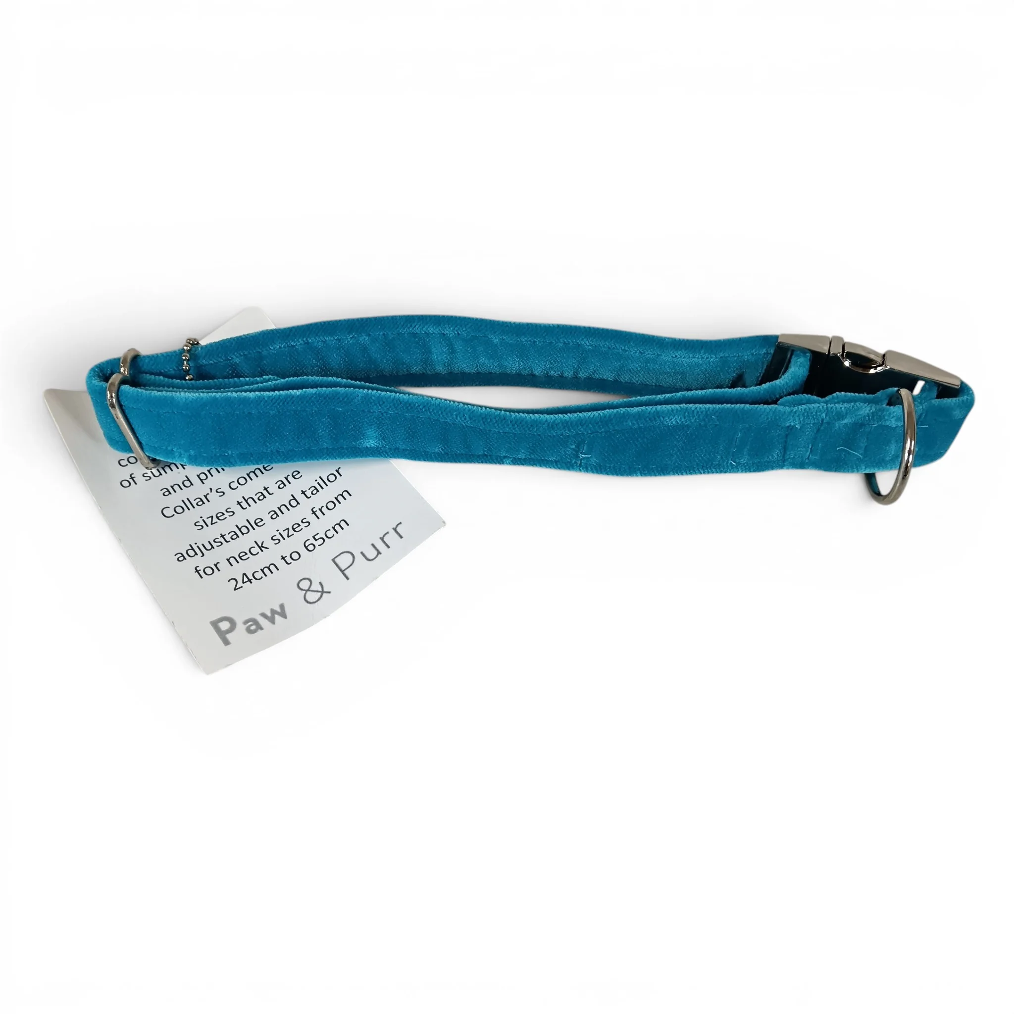 Paw & Purr Dog Collar Aqua Velvet 40-65cm Adjustable with Tags | Pre-loved