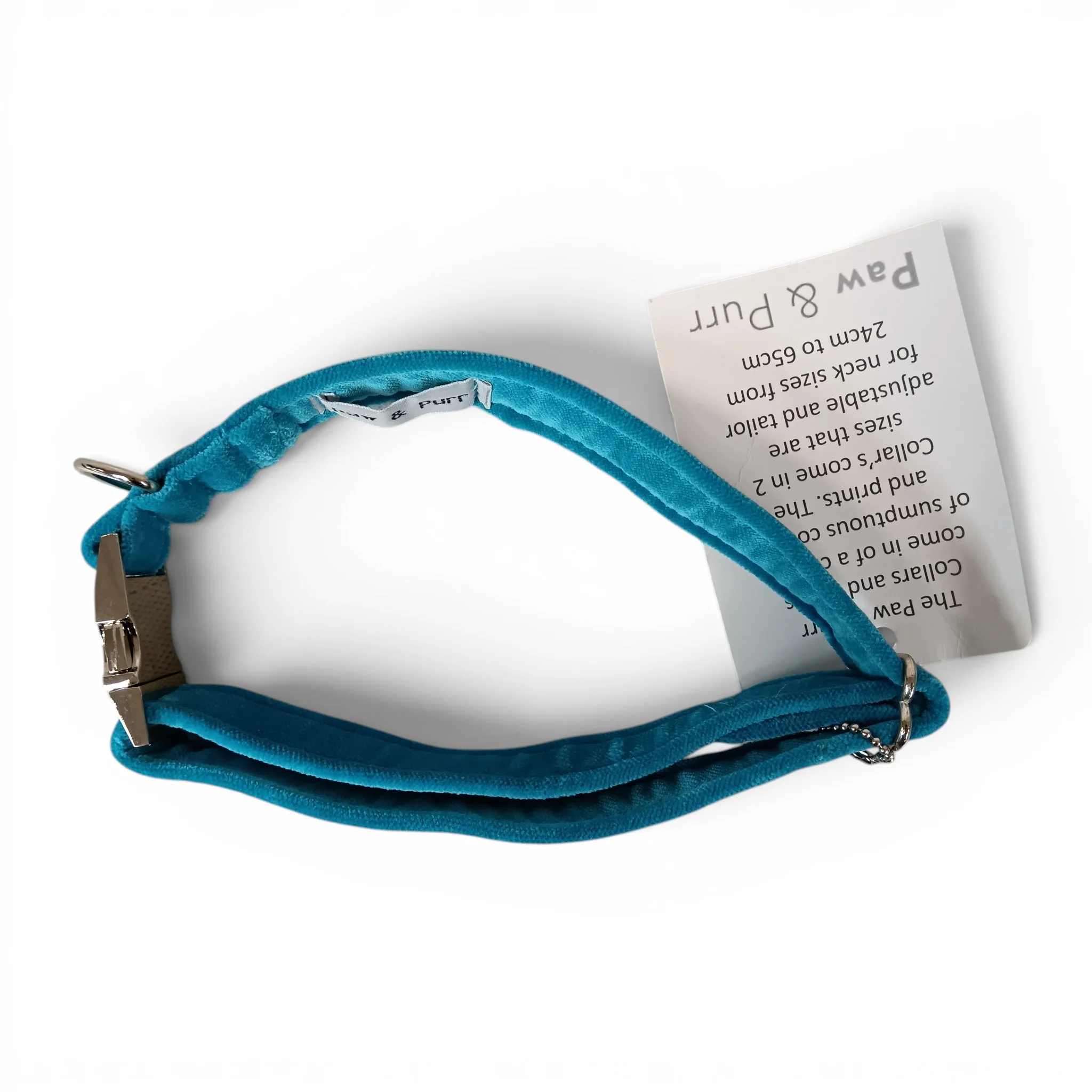 Paw & Purr Dog Collar Aqua Velvet 40-65cm Adjustable with Tags | Pre-loved - Image 2