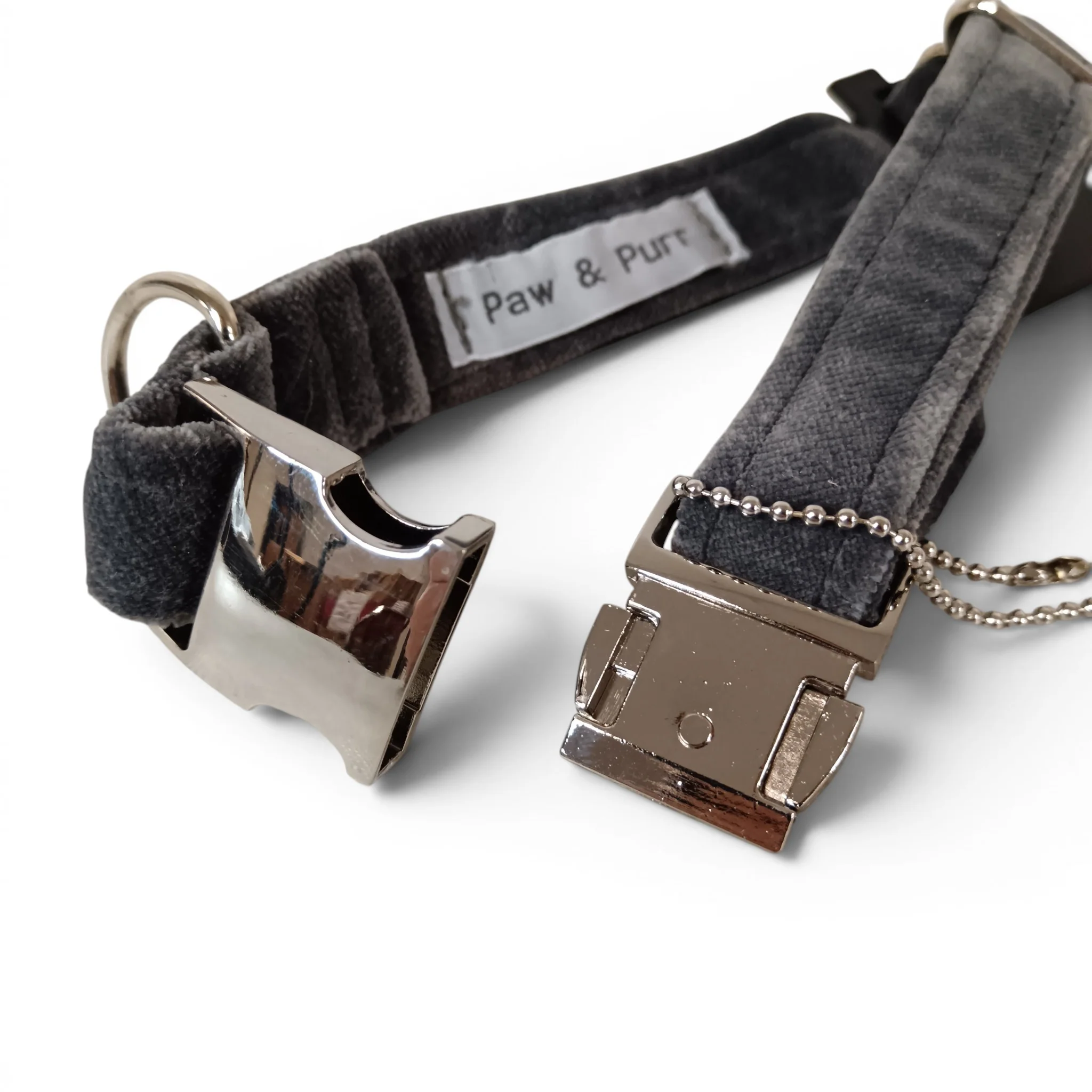 Paw & Purr Dog Collar Grey Velvet 24-40cm Adjustable with Tags | Pre-loved - Image 4