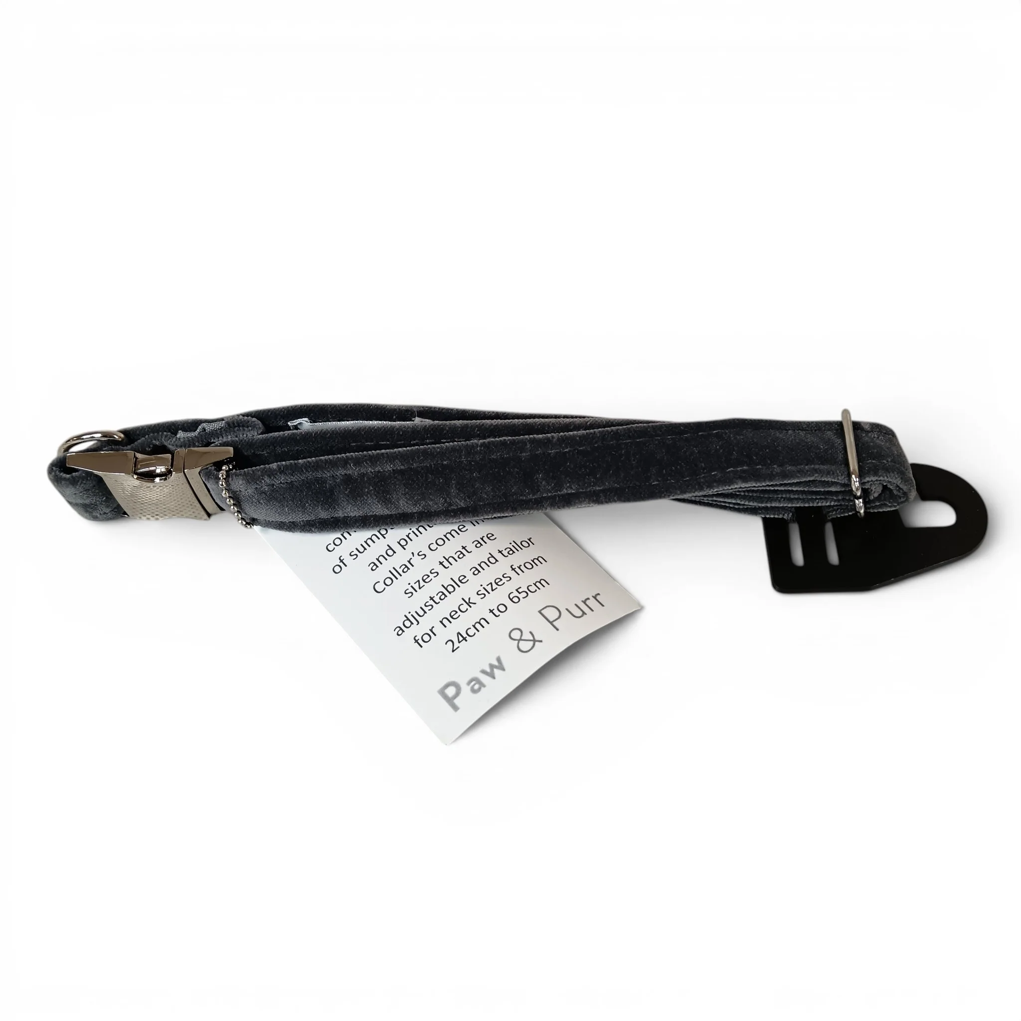 Paw & Purr Dog Collar Grey Velvet 40-65cm Adjustable with Tags | Pre-loved