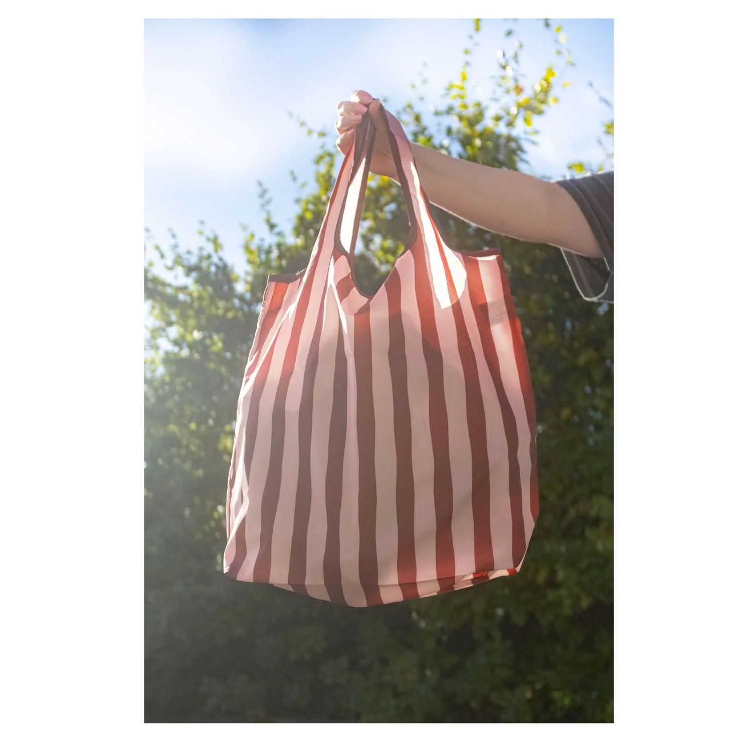 Pink/Burgundy striped packable bag