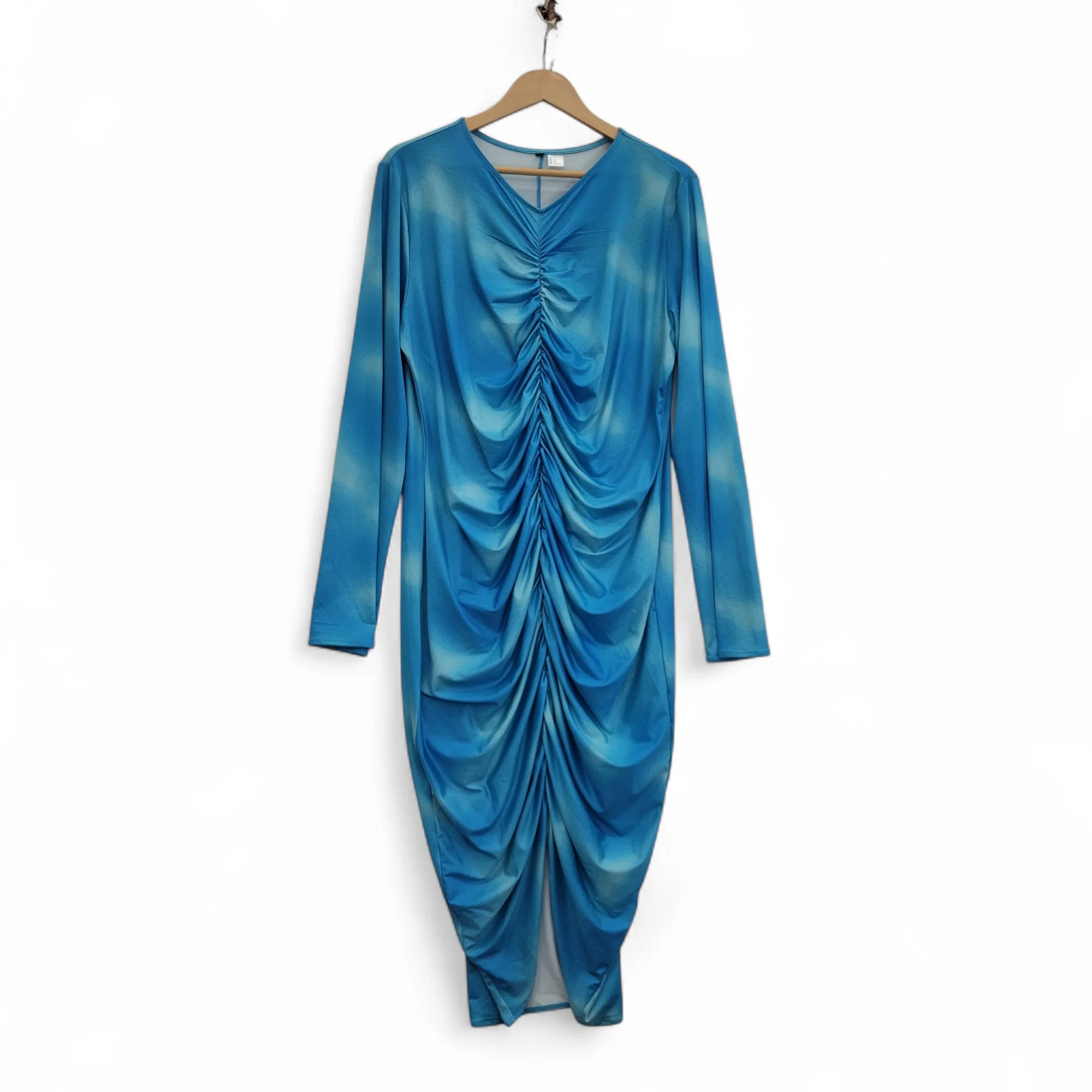 Ruched Dress XL Blue V Neck Midi Womenswear | Pre-loved