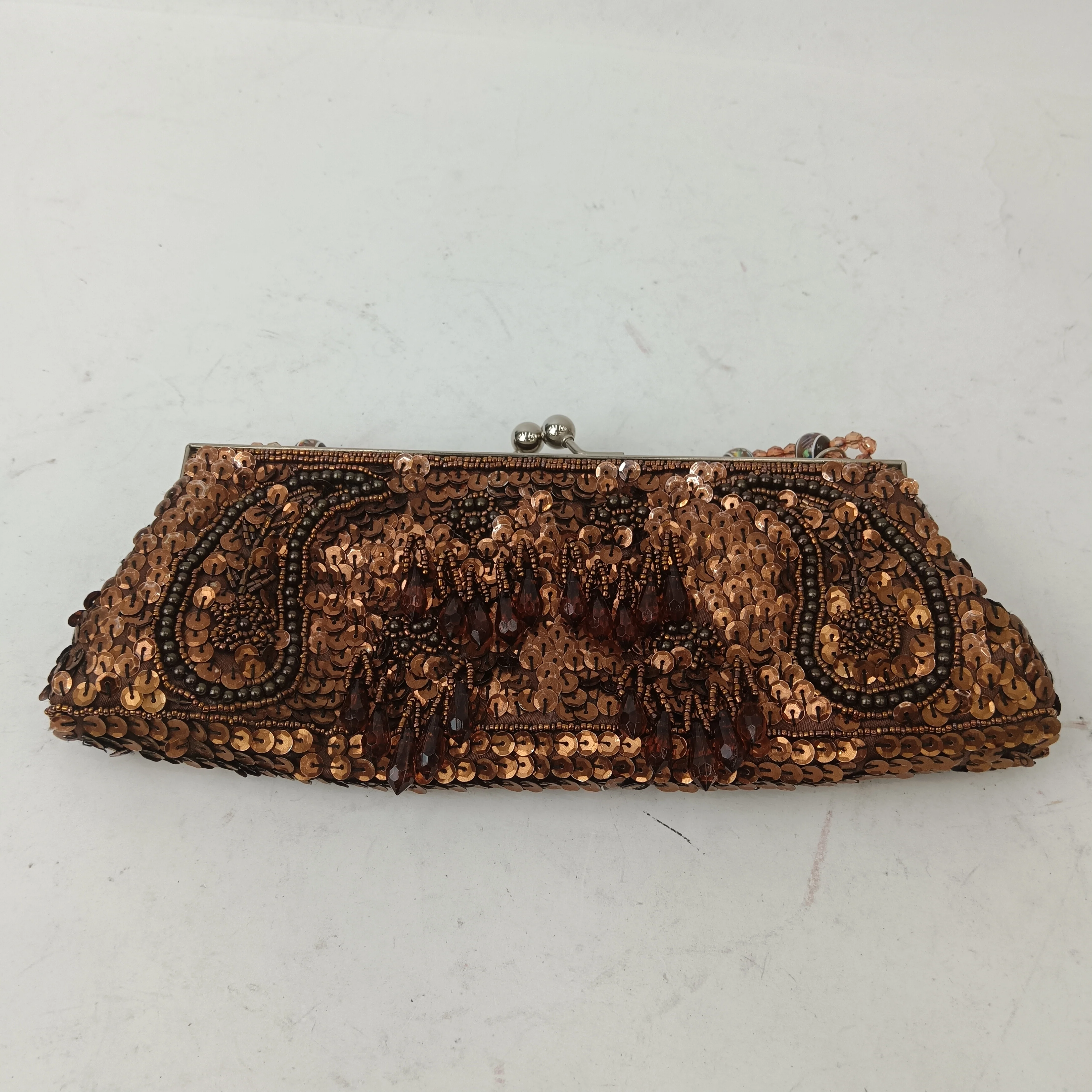 Small Brown Beaded Sequined Ladies Clutch Bag With Beaded Strap Bag- Womenswear | Pre-loved - Image 2