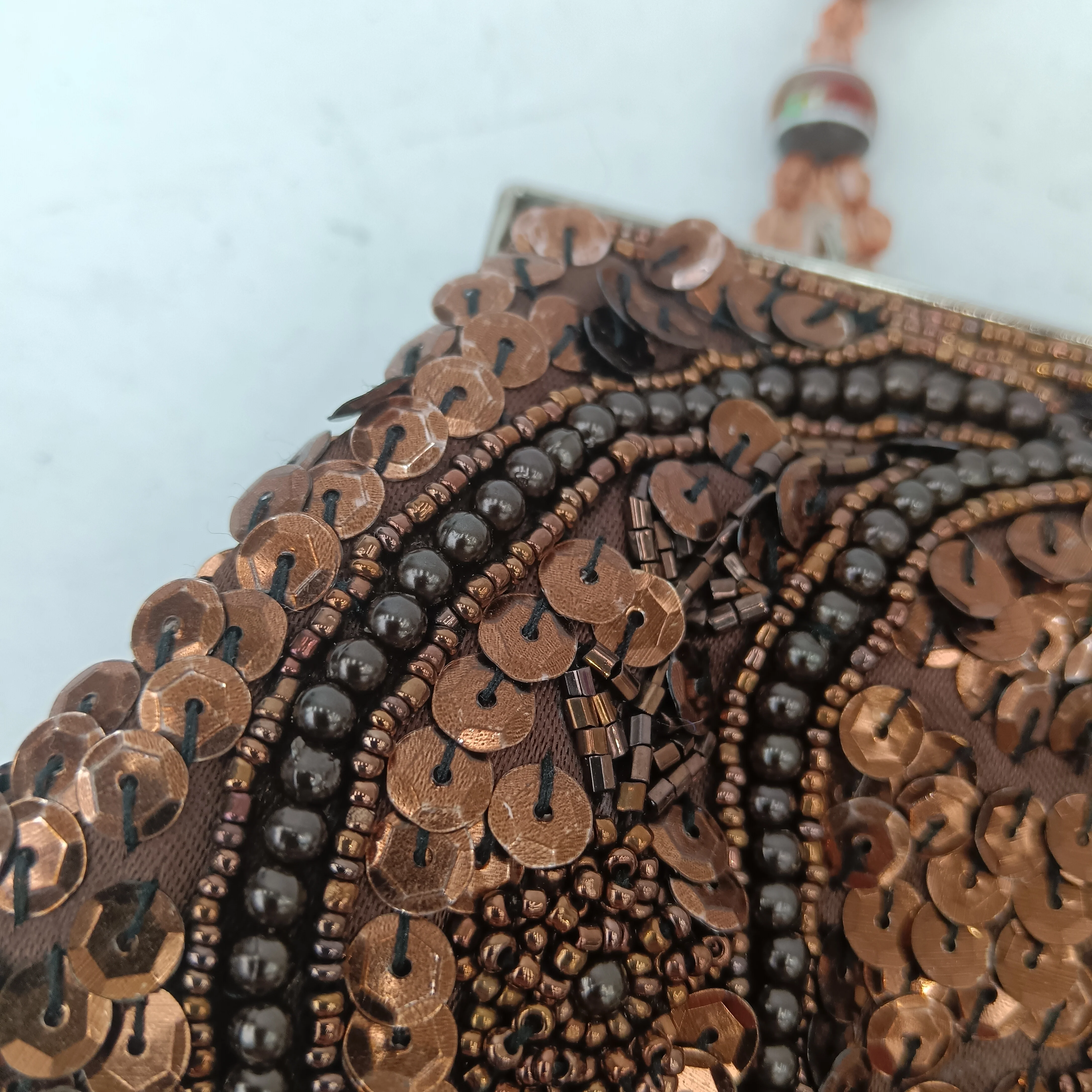 Small Brown Beaded Sequined Ladies Clutch Bag With Beaded Strap Bag- Womenswear | Pre-loved - Image 3