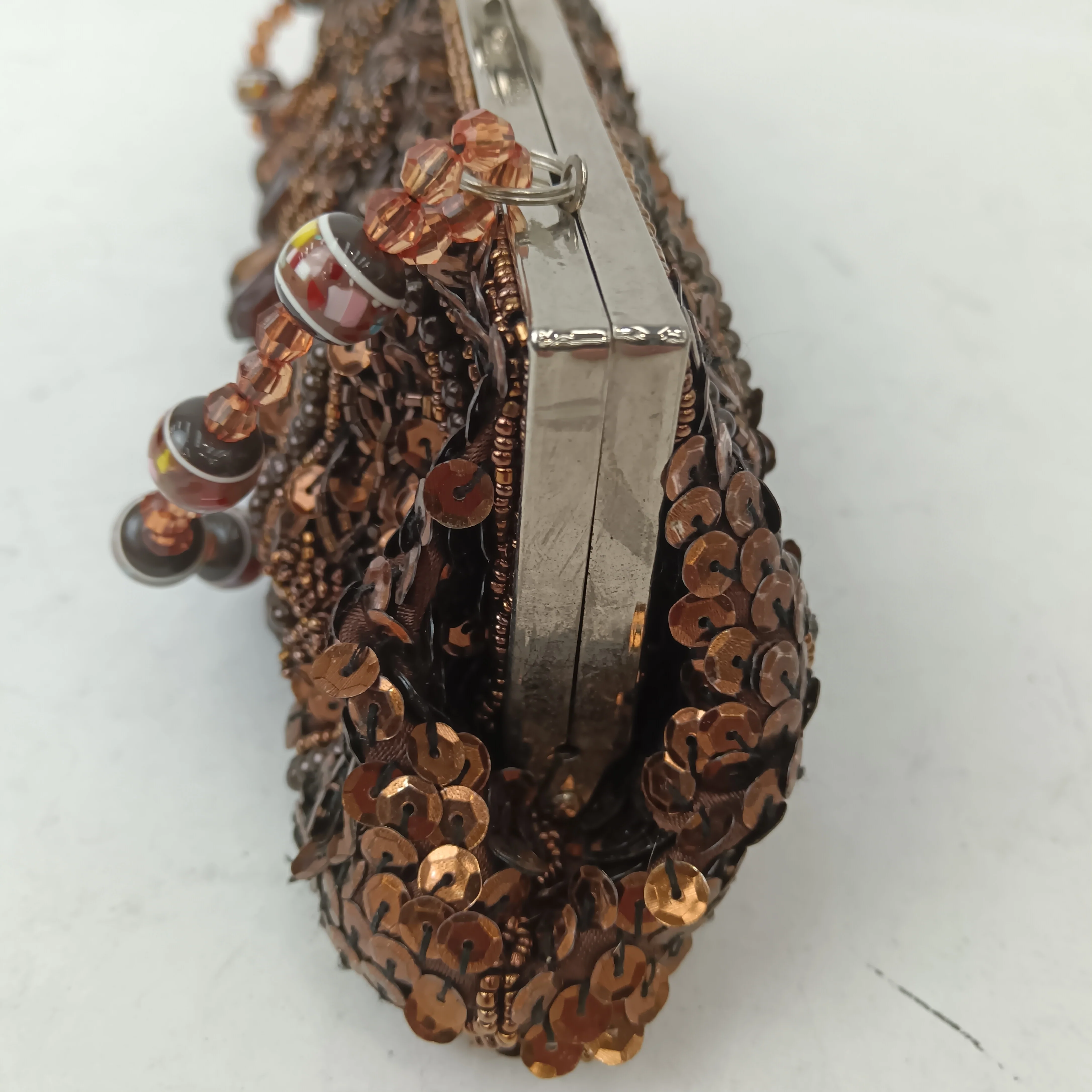 Small Brown Beaded Sequined Ladies Clutch Bag With Beaded Strap Bag- Womenswear | Pre-loved - Image 6