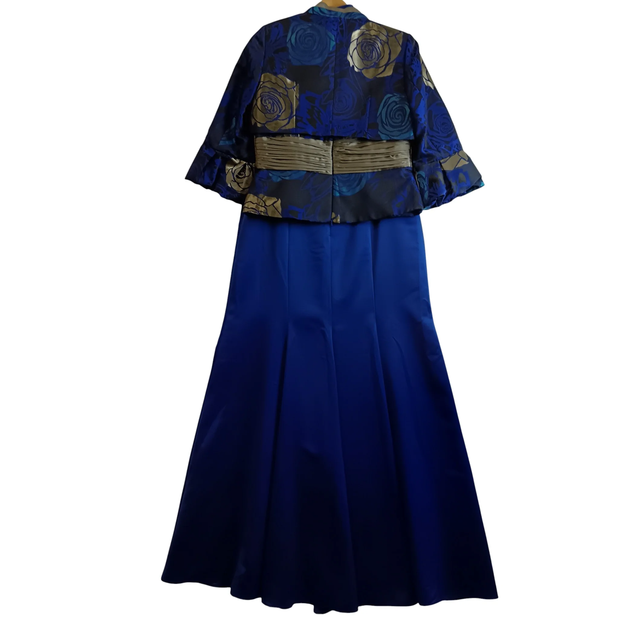 Sona Pena Dark Blue Gold Floral Print 3 Pieces Mother Of Bride  Satin Outfit Women's UK 14- Womenswear | Pre-loved - Image 2