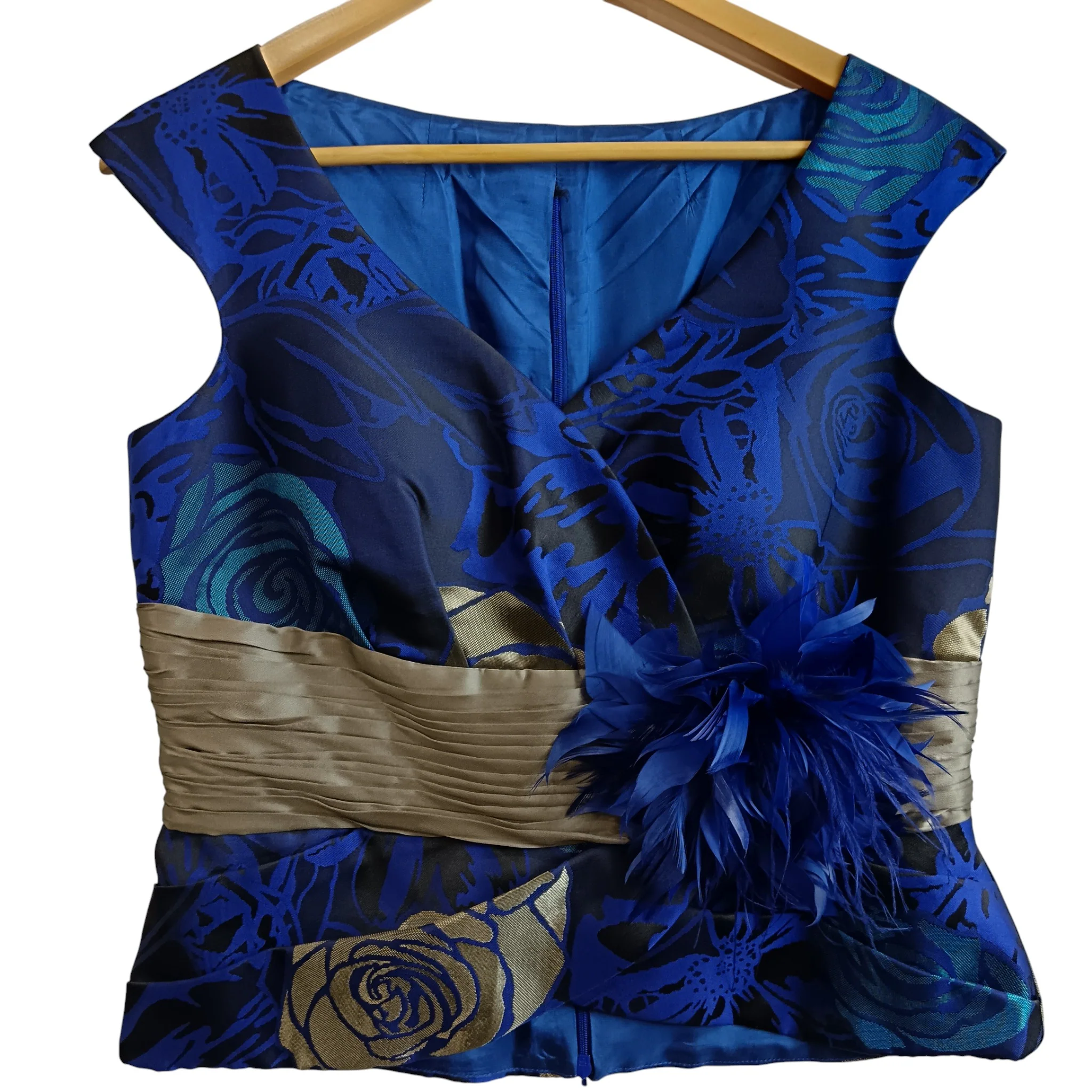 Sona Pena Dark Blue Gold Floral Print 3 Pieces Mother Of Bride  Satin Outfit Women's UK 14- Womenswear | Pre-loved - Image 3