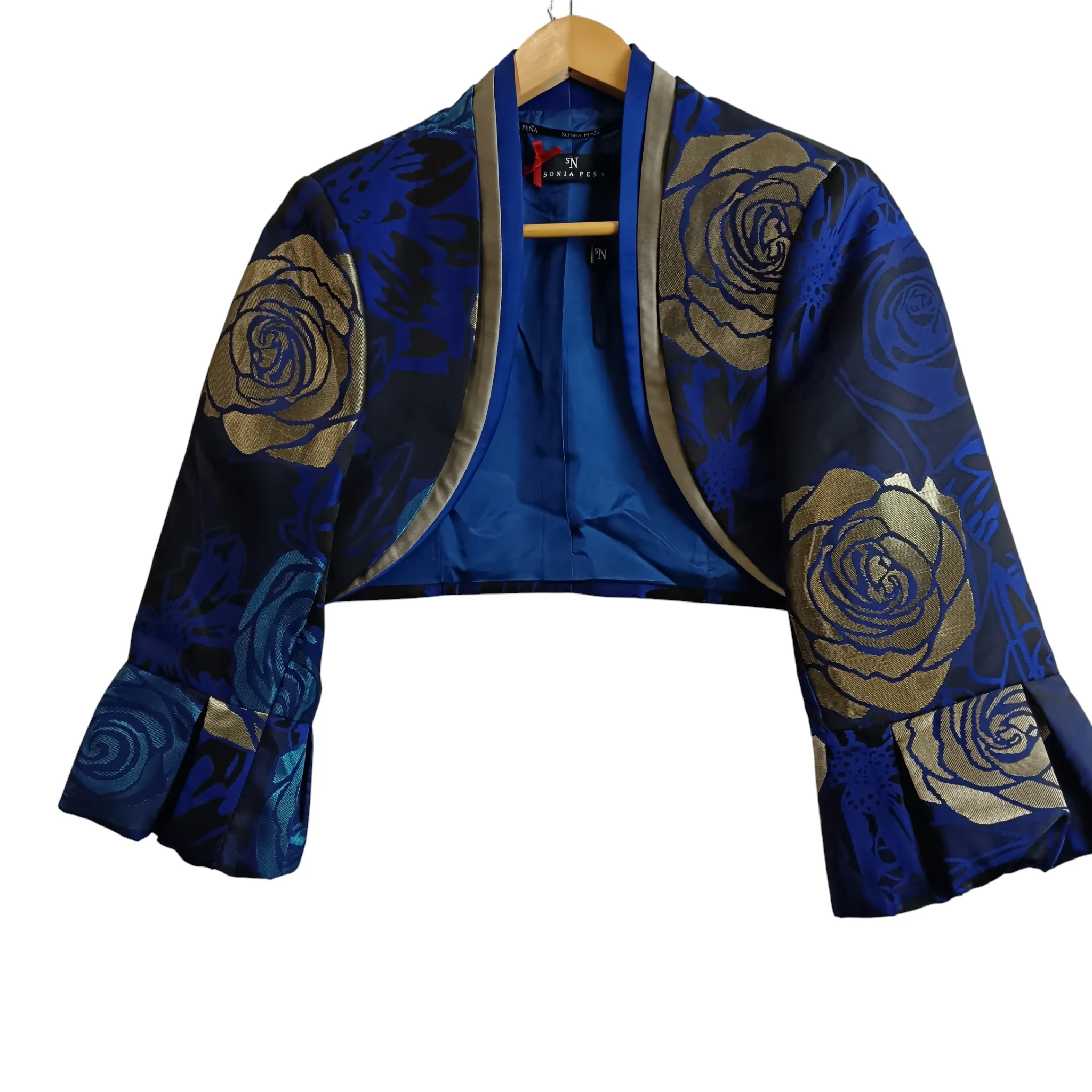Sona Pena Dark Blue Gold Floral Print 3 Pieces Mother Of Bride  Satin Outfit Women's UK 14- Womenswear | Pre-loved - Image 5