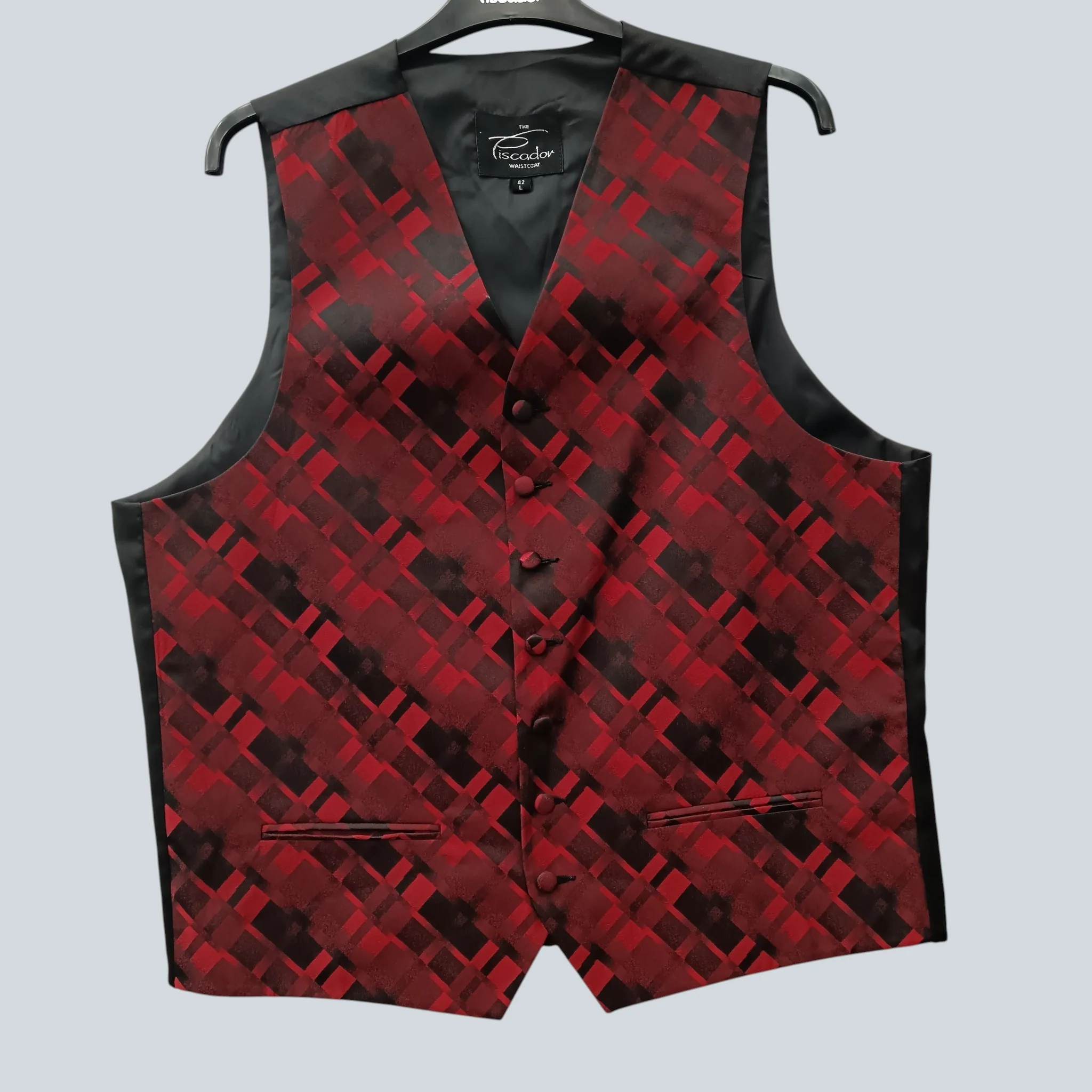 The Piscador Men's Waistcoat 42L Black & Red Geometric Pattern Menswear | Pre-loved