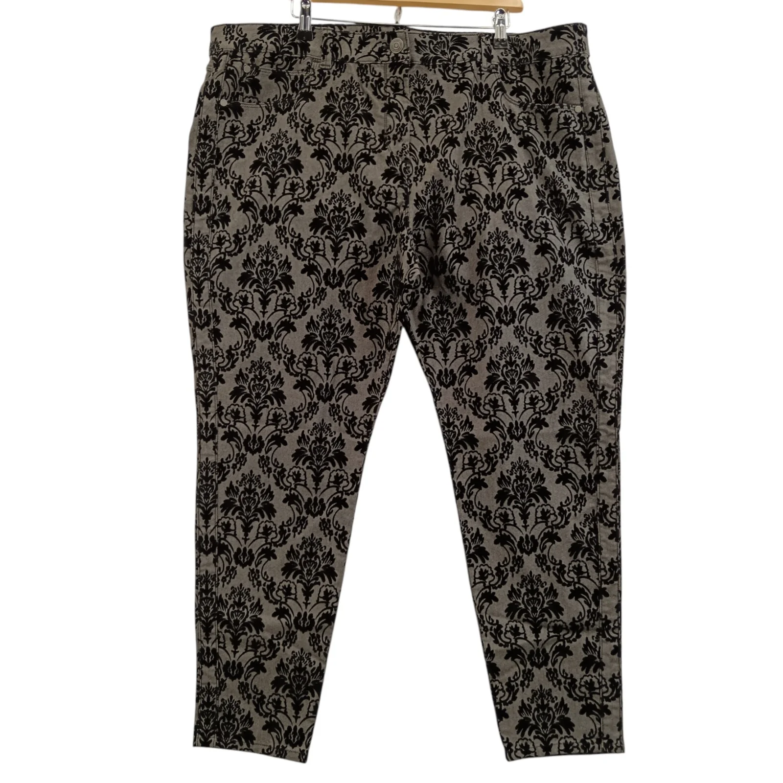 Twiggy Collection Grey Black Velvet Damask Print Trousers With Pockets UK 24 Womenswear | Pre-loved