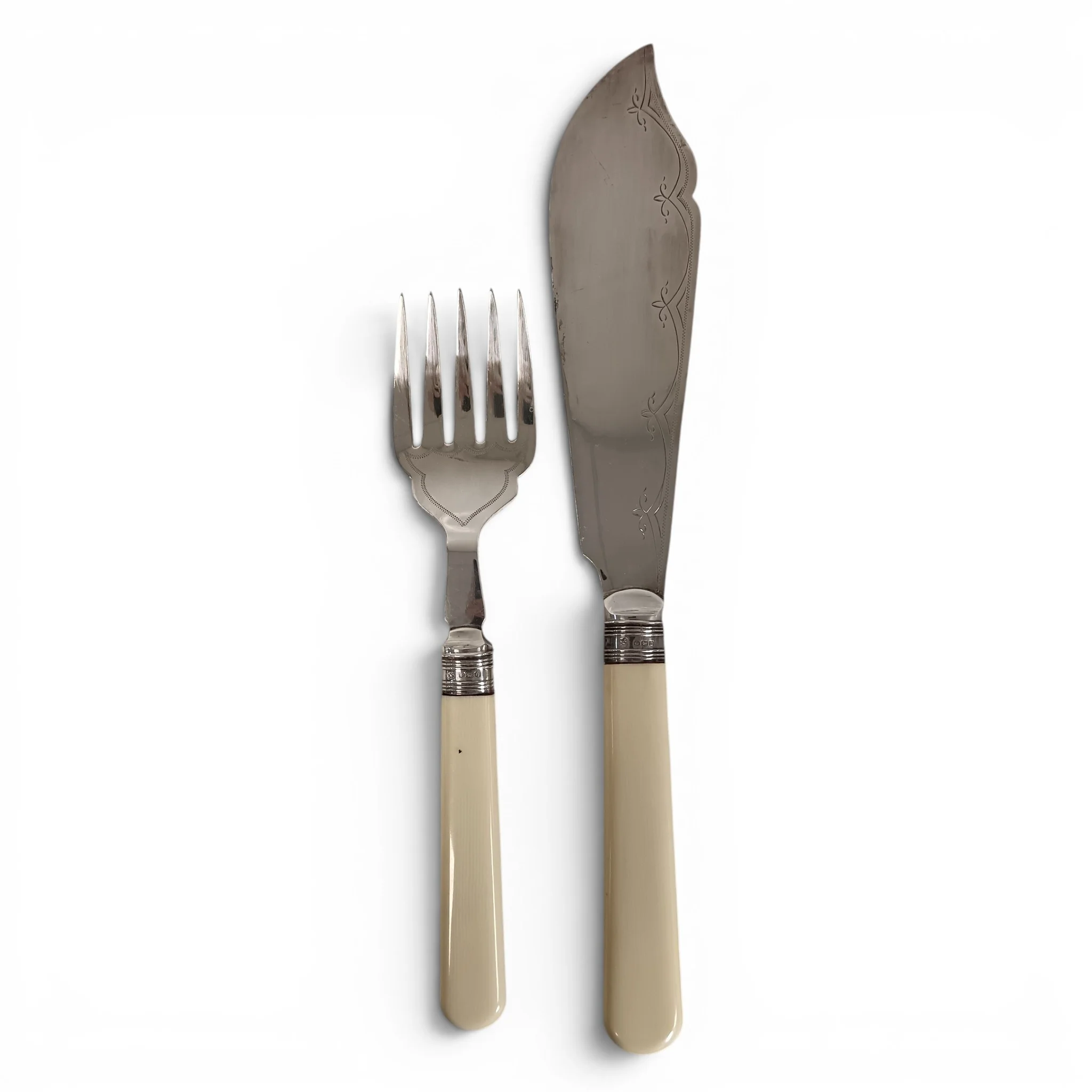 Two Piece Fish Serving Cutlery Set Sterling Silver & EPNS Engraved Design | Pre-loved - Image 3