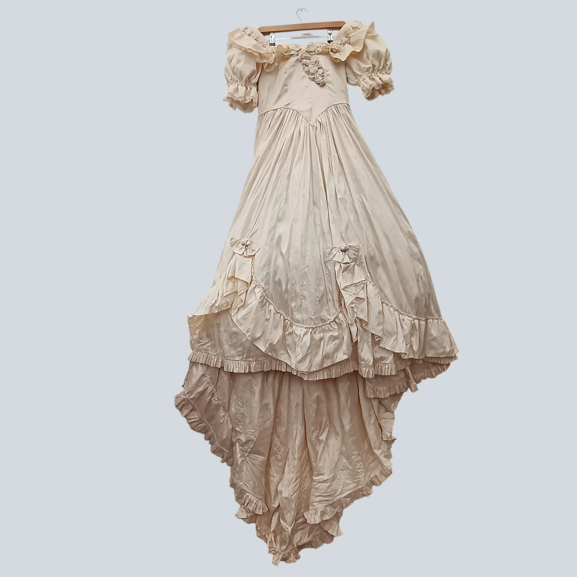 Vintage Champagne Hi-low Wedding Dress Off Shoulder Short Sleeve UK Medium Womenswear | Pre-loved
