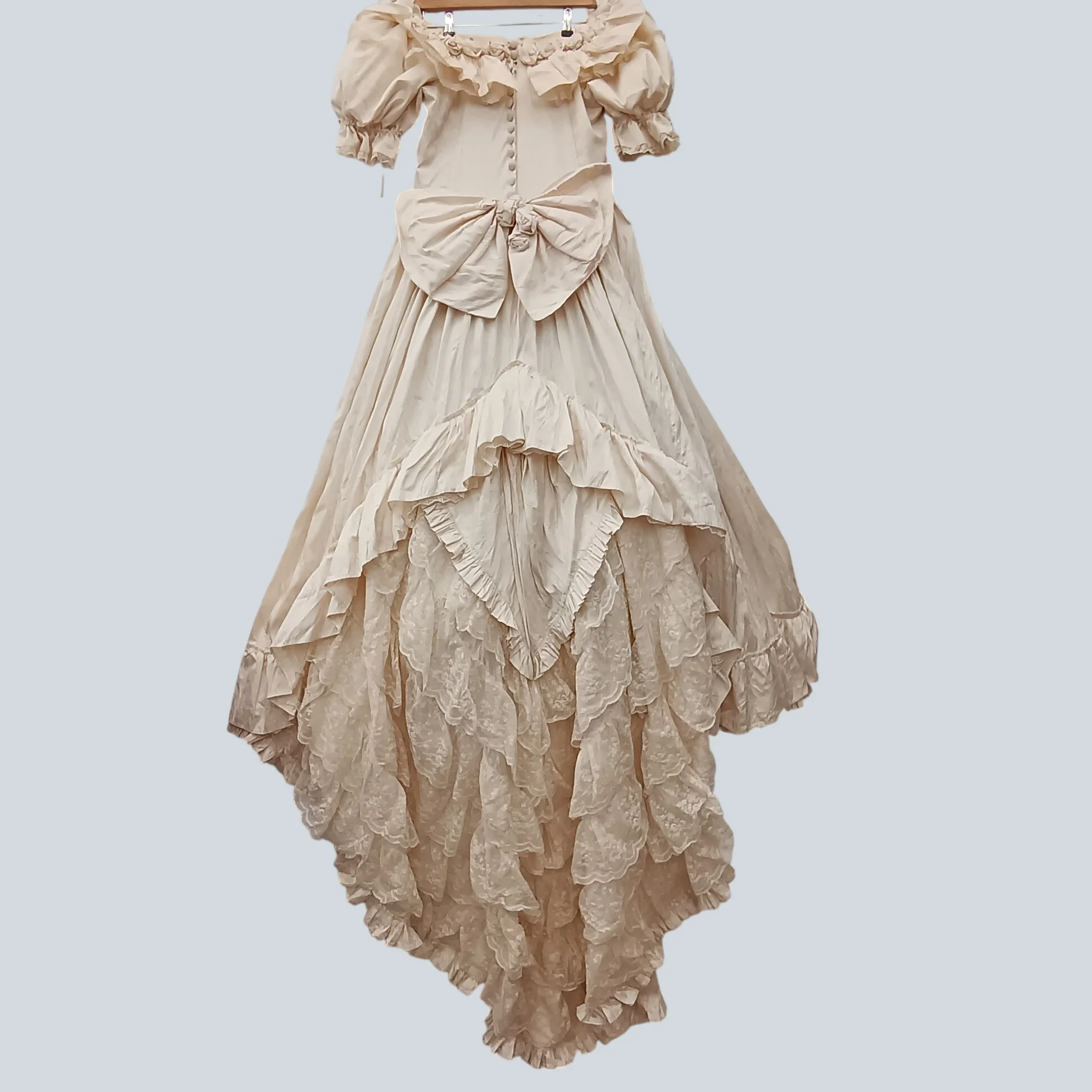 Vintage Champagne Hi-low Wedding Dress Off Shoulder Short Sleeve UK Medium Womenswear | Pre-loved - Image 2