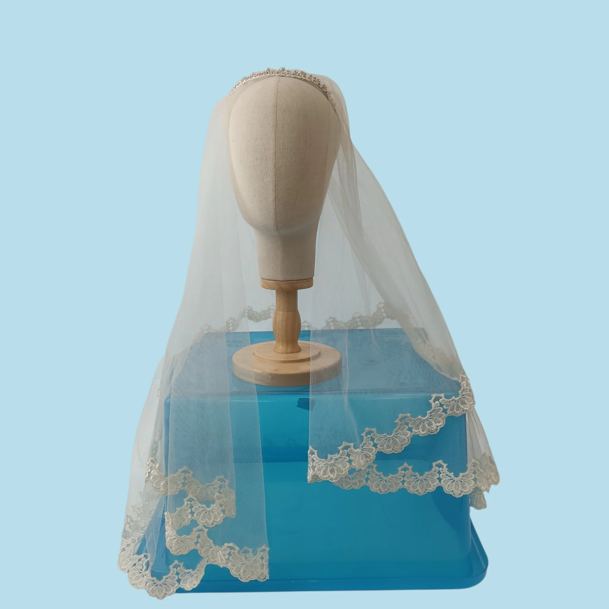 Vintage Bridal Double Veil with Diadem Floral Lace Trim - Womenswear | Pre-loved