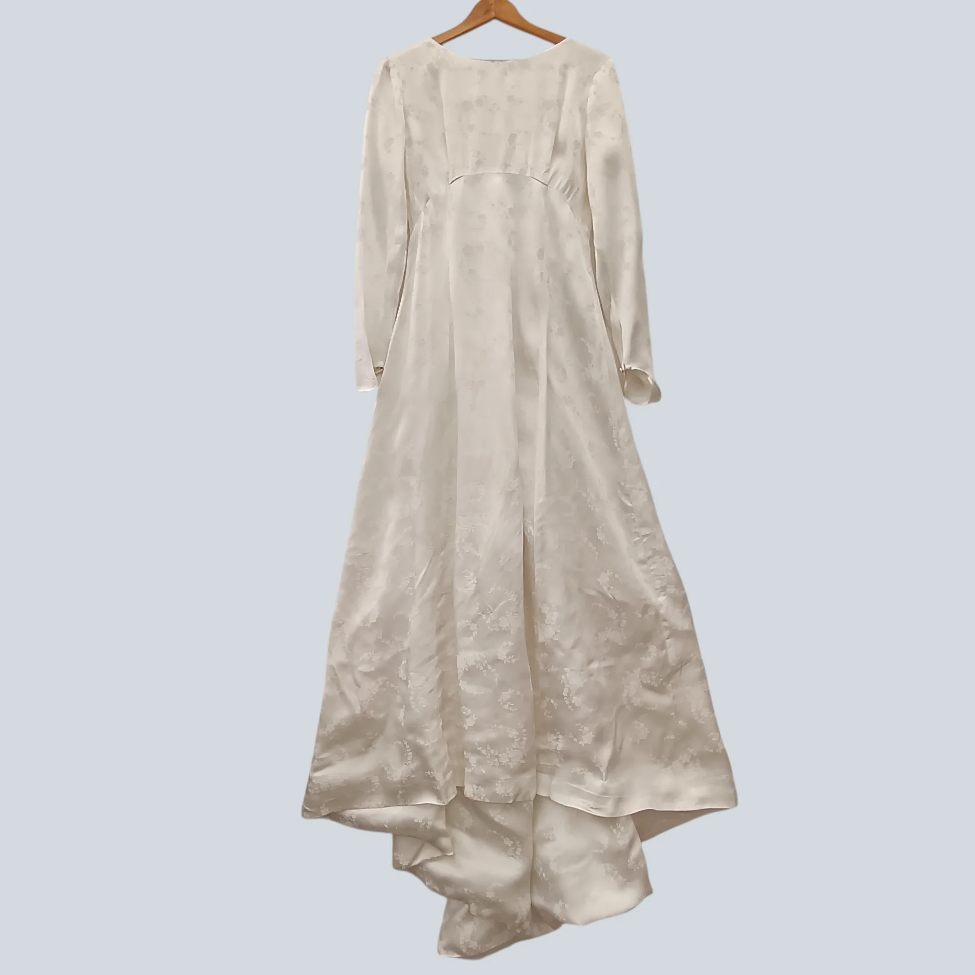 Vintage Empire Style White Satin Floral Pattern Hi-low Wedding Dress UK Medium Womenswear | Pre-loved