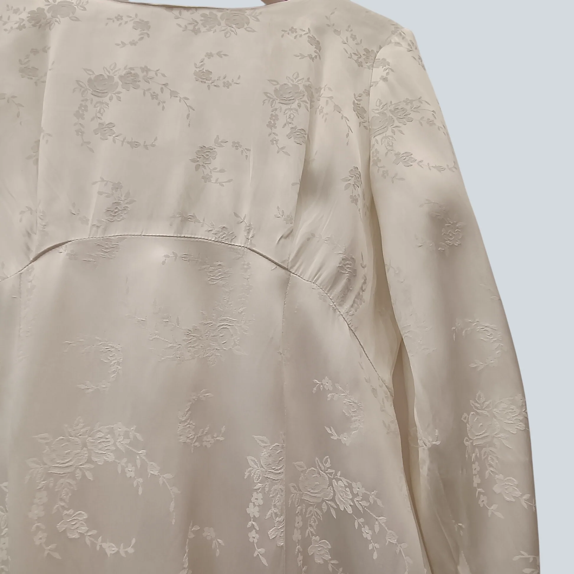 Vintage Empire Style White Satin Floral Pattern Hi-low Wedding Dress UK Medium Womenswear | Pre-loved - Image 3
