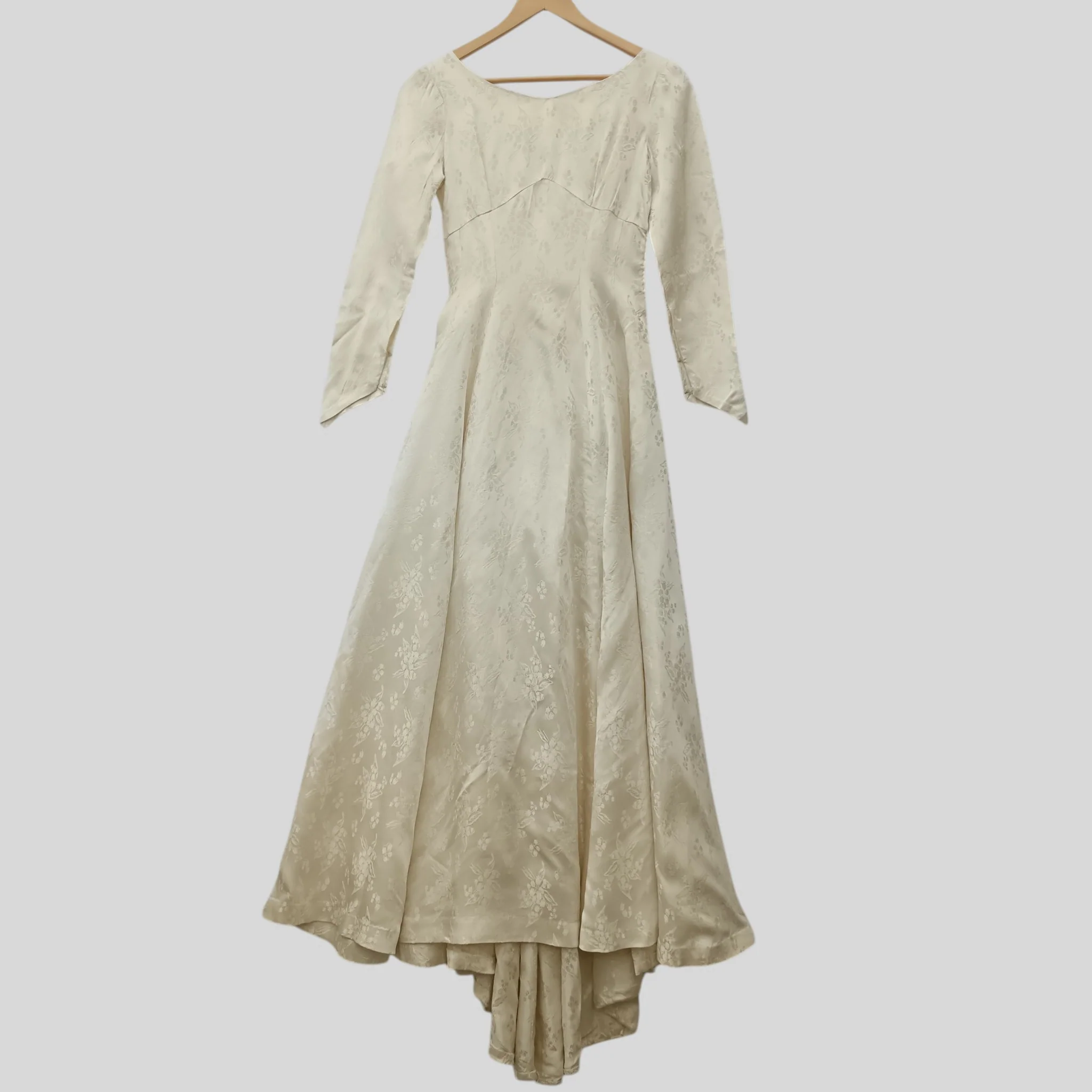 Vintage Floral Pattern Hi-low Wedding Satin Dress Sleeved UK X-Small Womenswear | Pre-loved