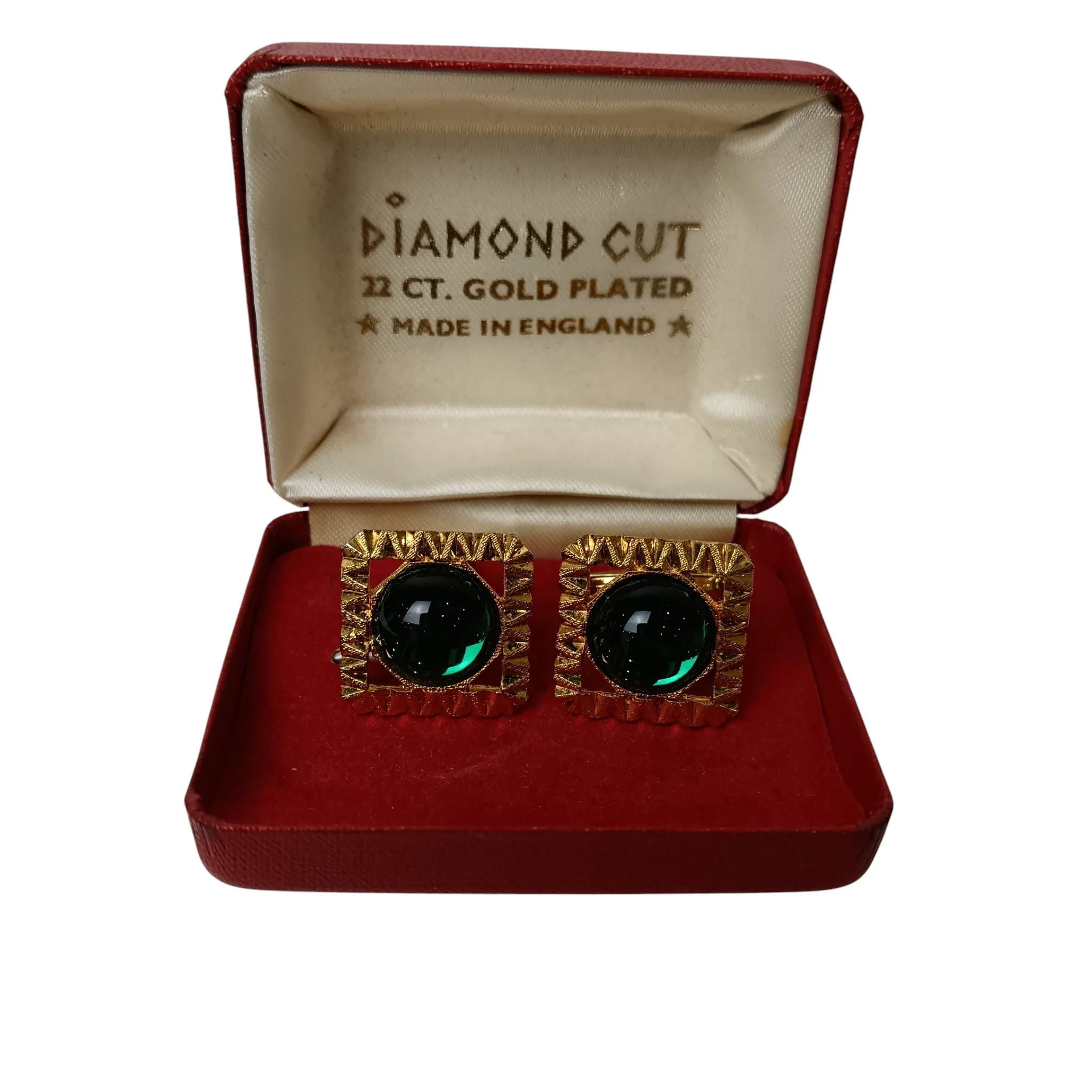 Vintage Gold Plated Squared Diamond Cut Green Stone Cufflinks Menswear | Preloved