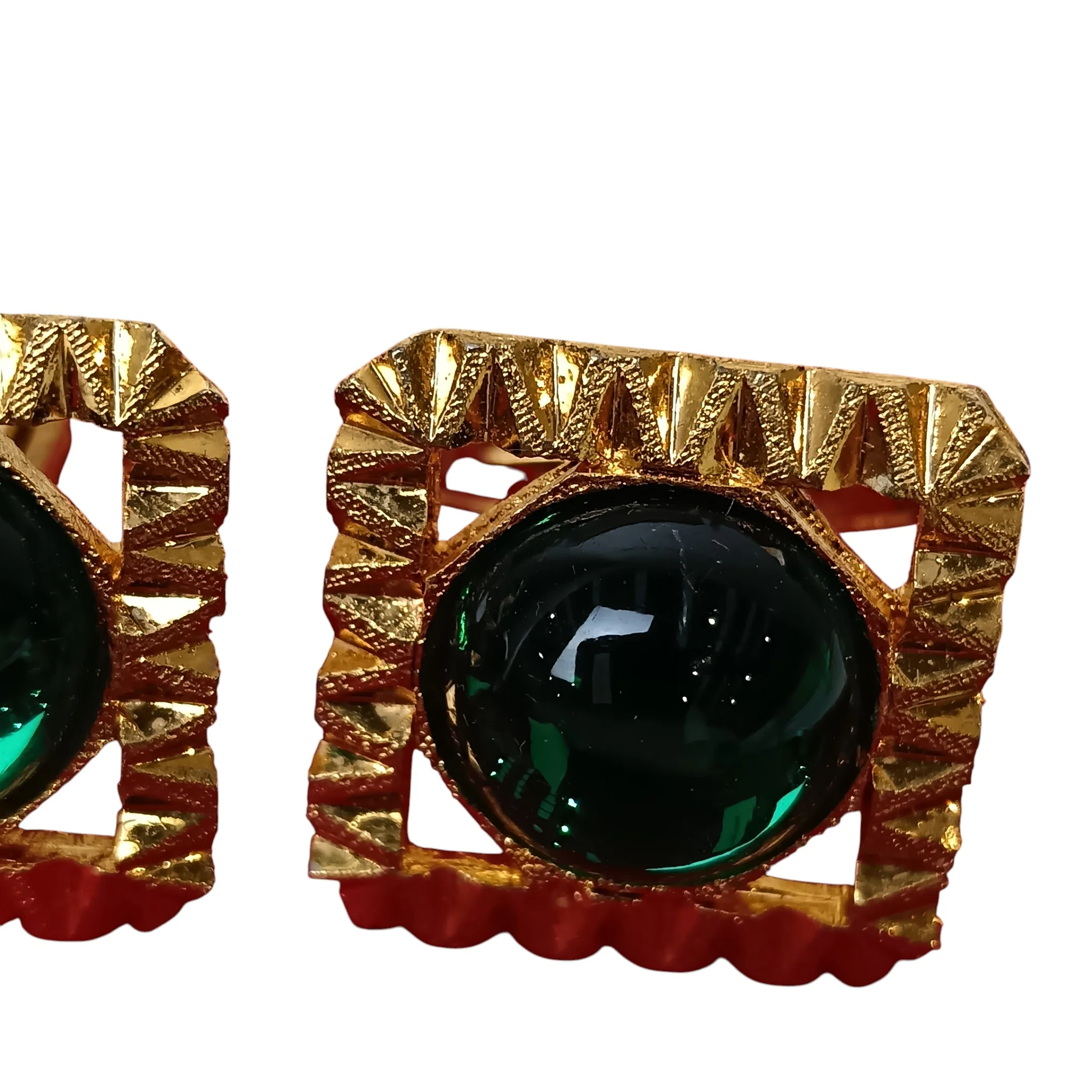 Vintage Gold Plated Squared Diamond Cut Green Stone Cufflinks Menswear | Preloved - Image 3
