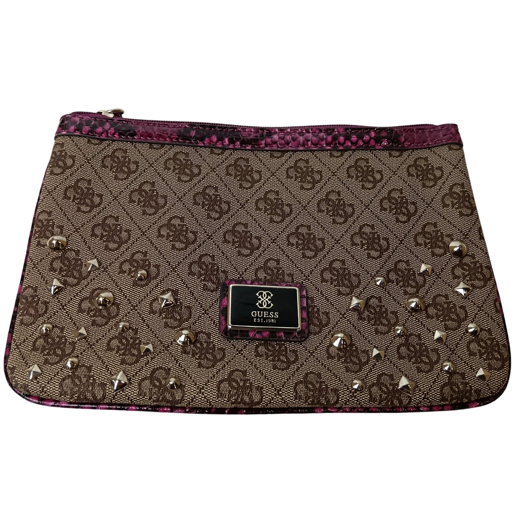 Vintage GUESS Brown Monogram with Purple Animal Print Trim Studded Ladies Clutch Bag- Womenswear | Pre-loved