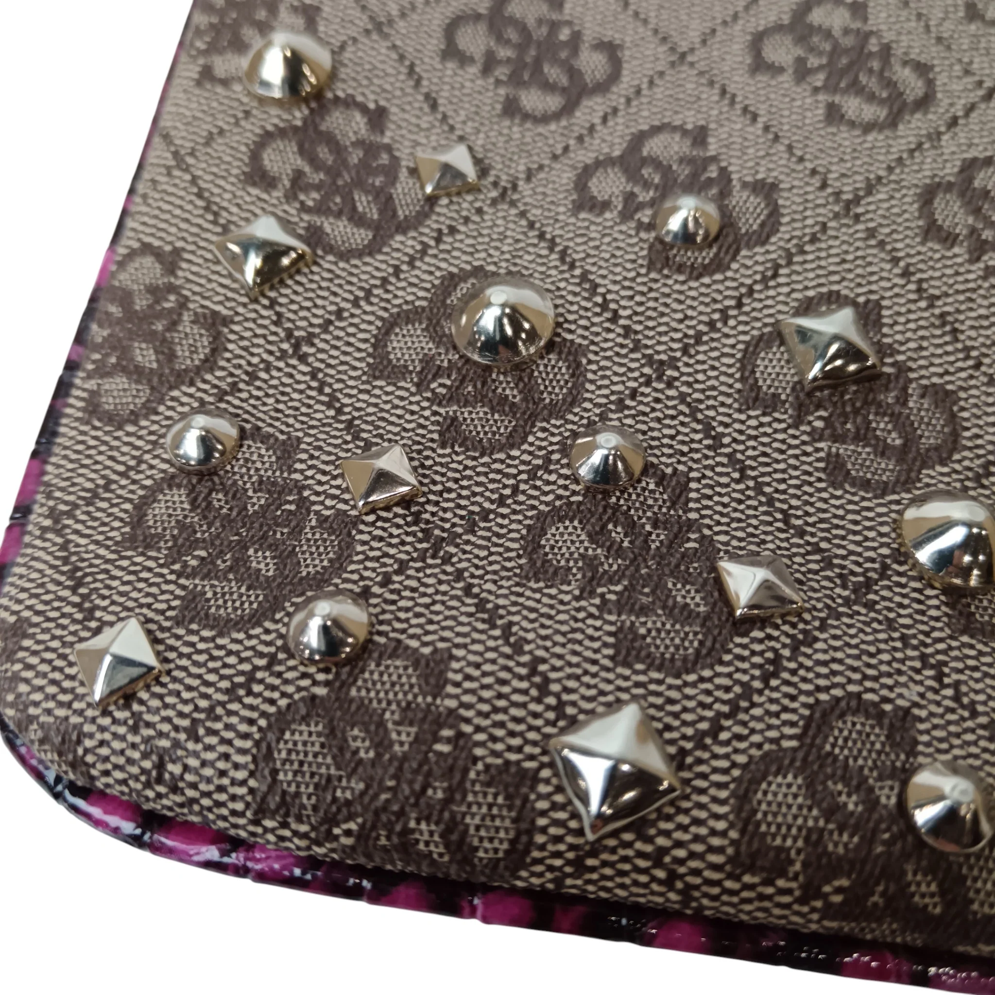Vintage GUESS Brown Monogram with Purple Animal Print Trim Studded Ladies Clutch Bag- Womenswear | Pre-loved - Image 4