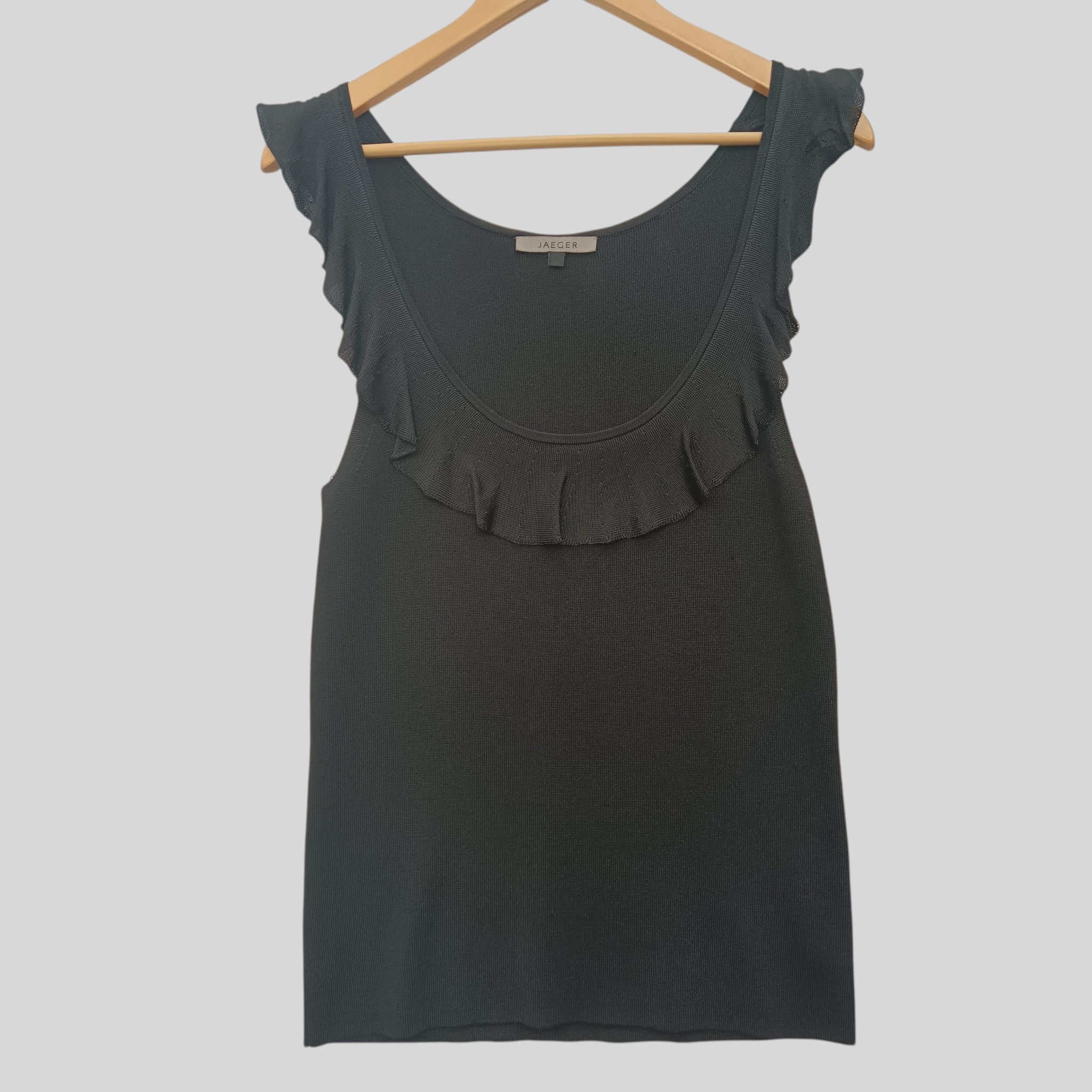 Vintage Jaeger Ladies Black Knitted Top Frilled Top Sleeveless UK 10  - Womenswear | Pre-loved