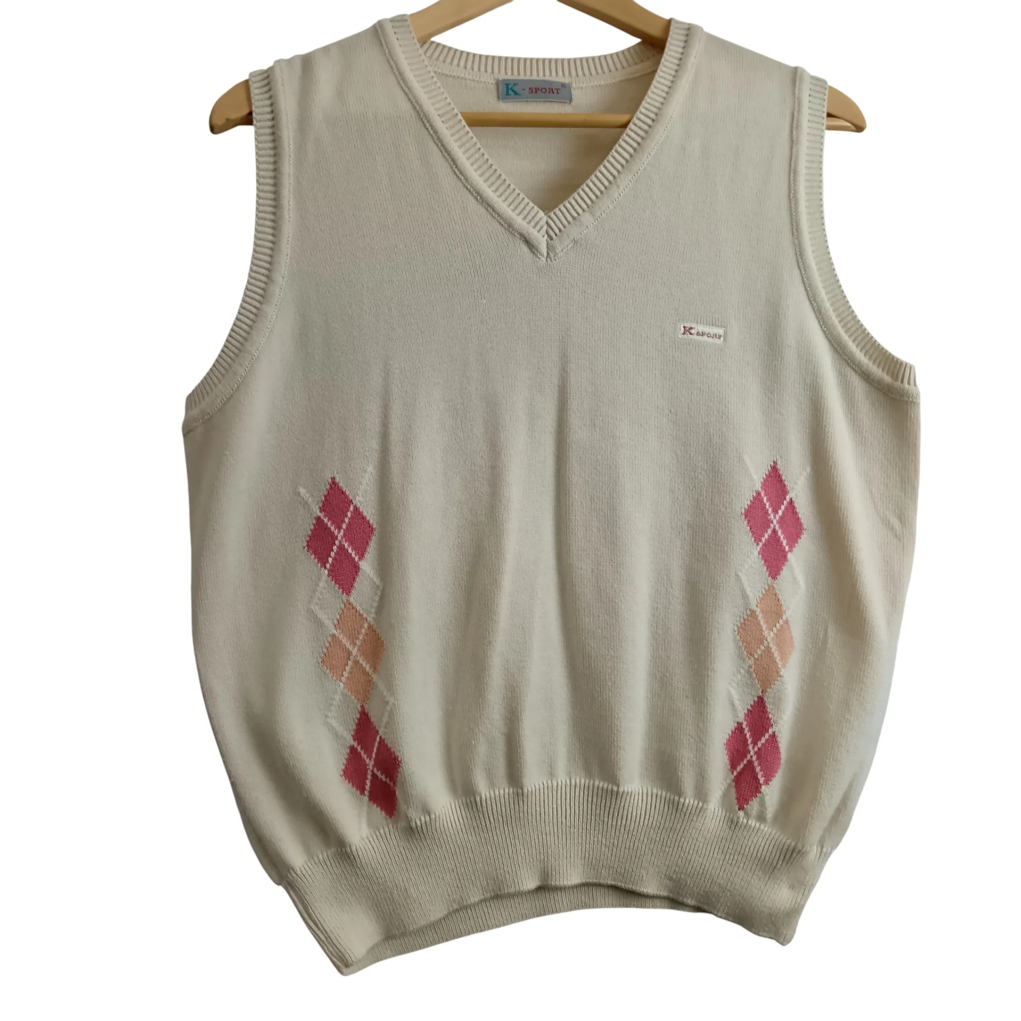 Vintage K-Sport V-neck Knitted Cream Waistcoat UK X-Large - Womenswear | Pre-loved