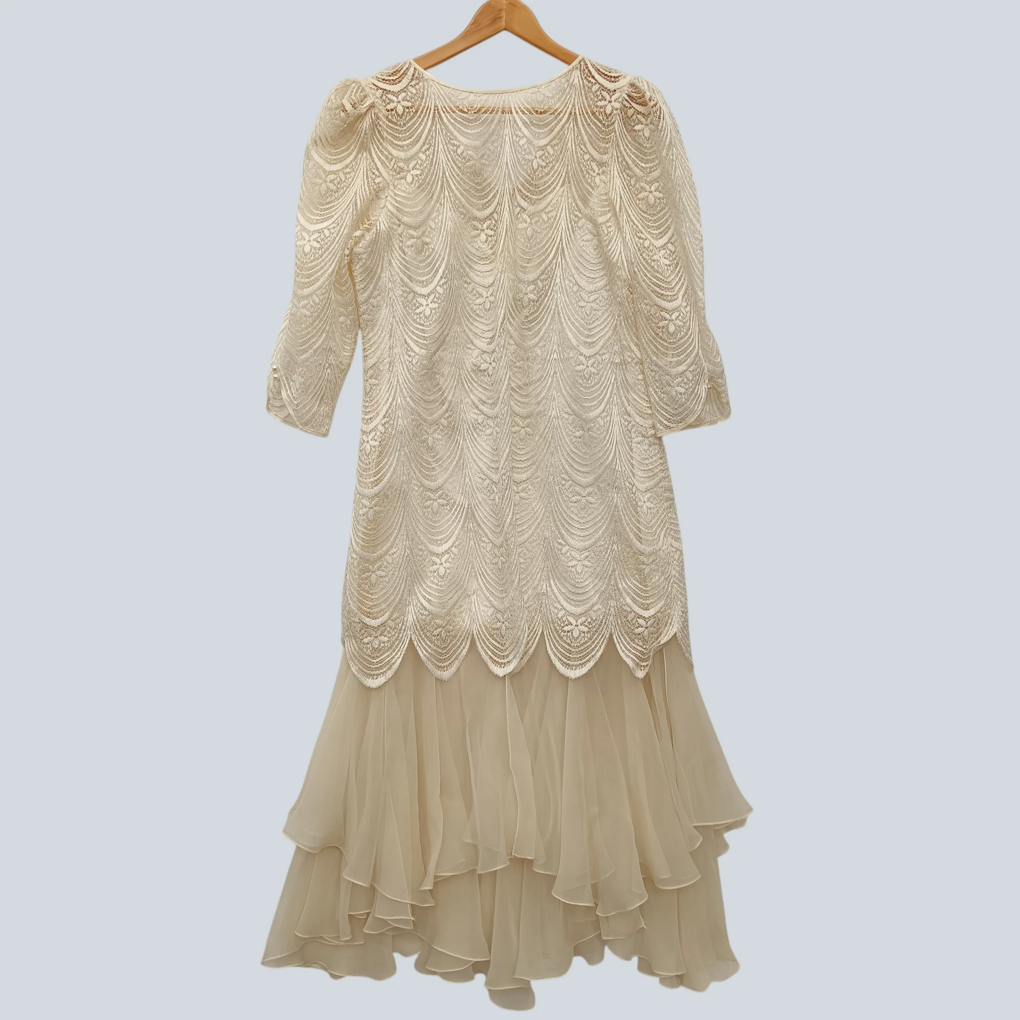 Vintage Style Cream Midi Special Occasion Dress Cream Lace Top Layered UK Medium Womenswear | Pre-loved