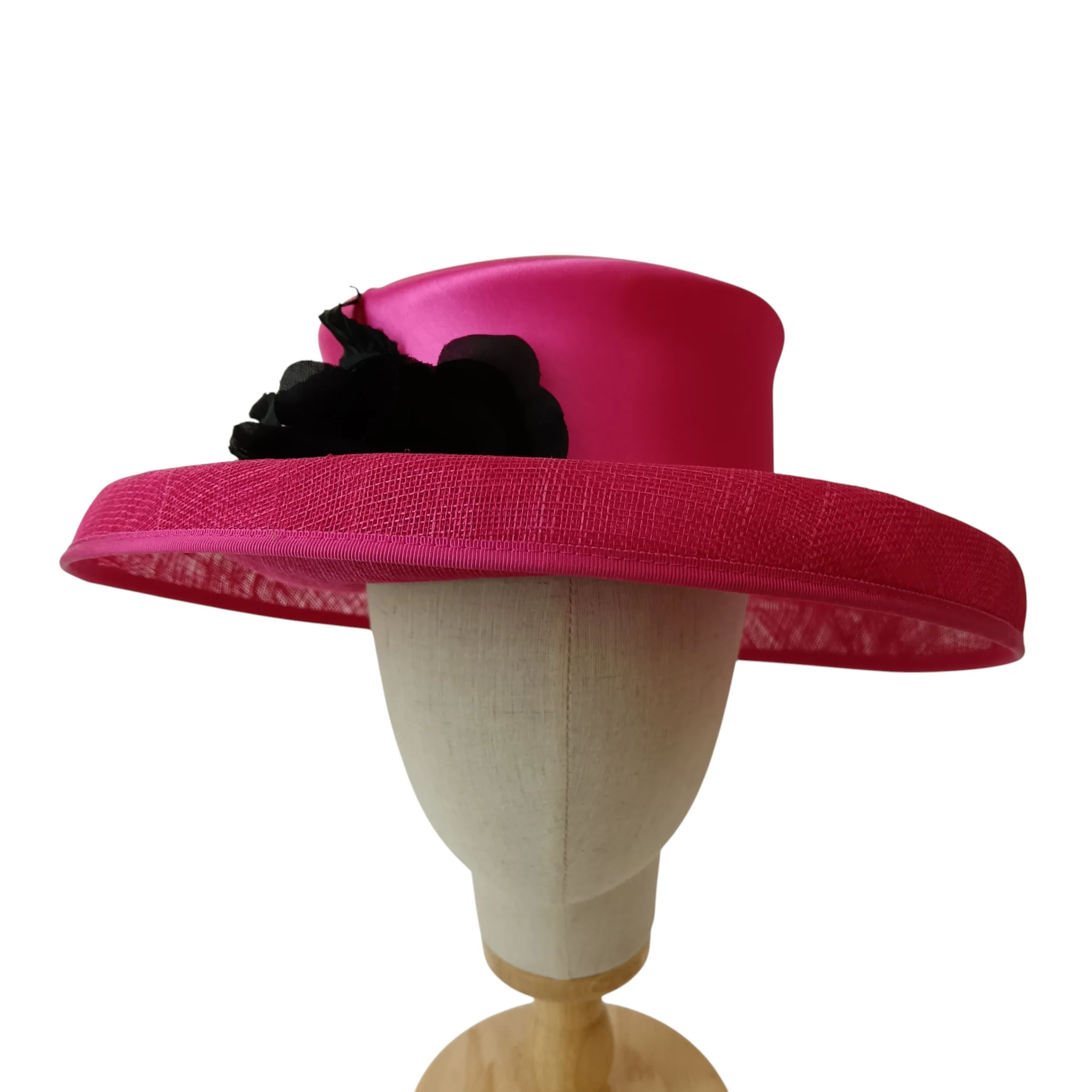 Whiteley Fuchsia With Black Rose Detail Special Occasion Wedding Hat Womenswear | Pre-loved