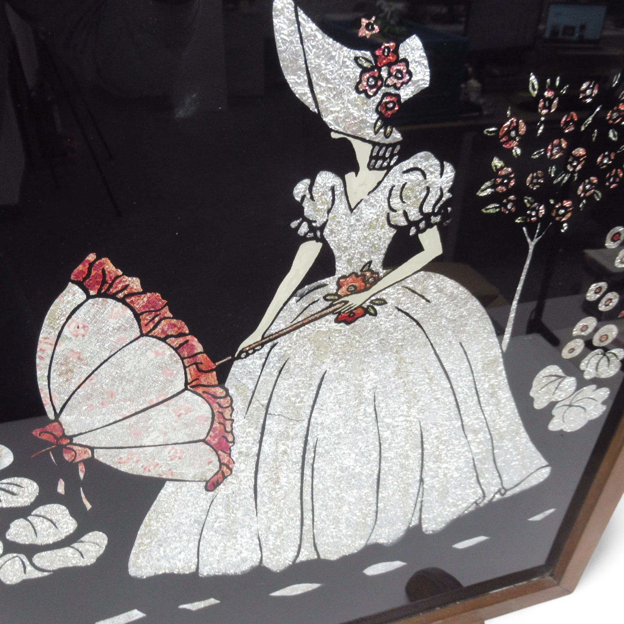 Wooden Fire Surround Foil Crinoline Lady Design Floral 1930s | Pre-loved - Image 2