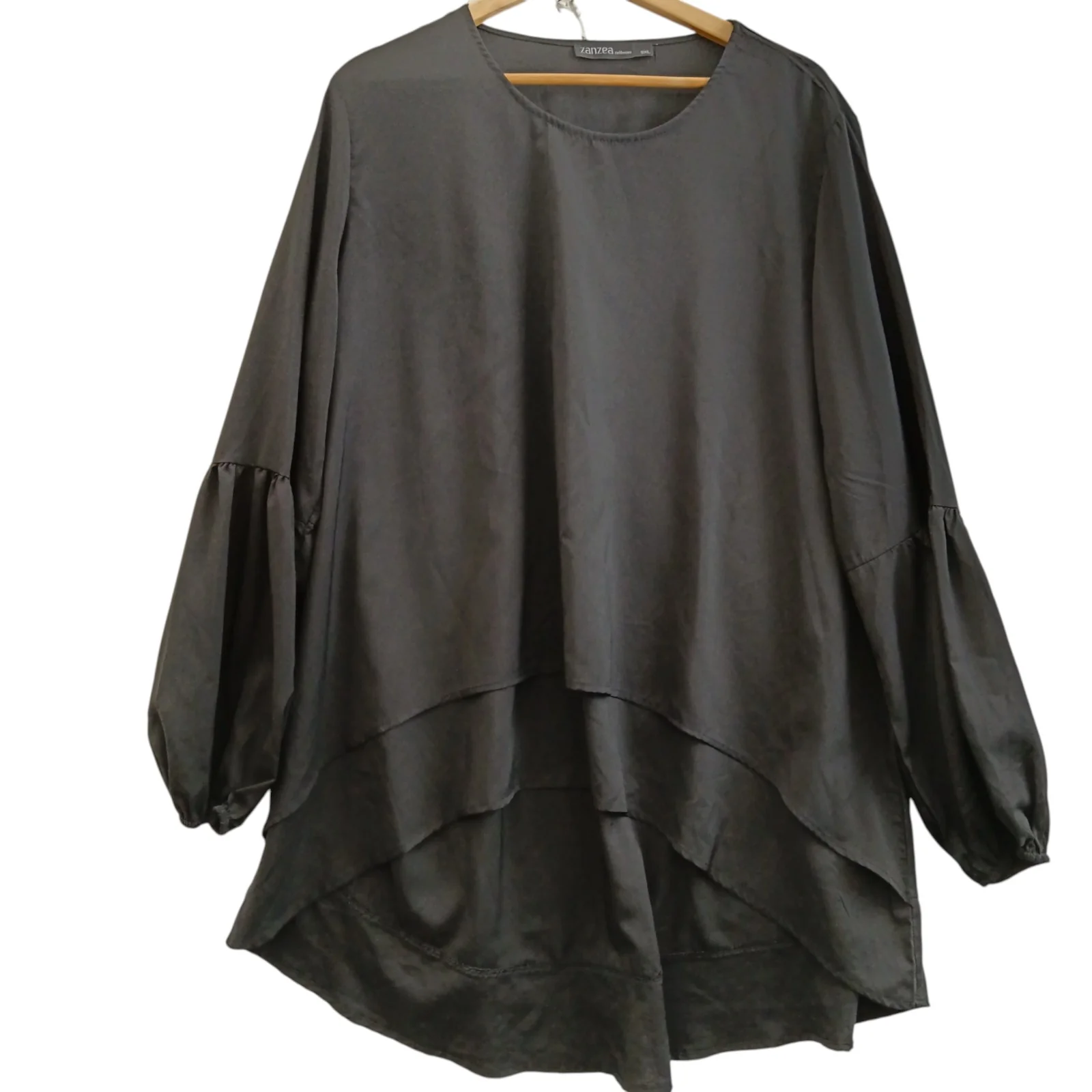 Zanzea Collection Black Satin Fluted Blouse Hi-Low Ladies Top UK 5 XL Womenswear | Pre-loved